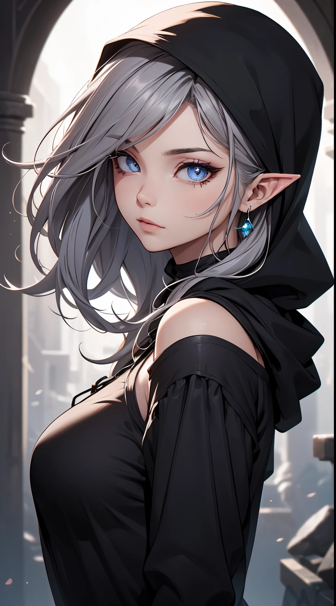 White elf girl, dark grey hair color, very long flowing hair, grey eye color, small eyes, round eye shape, eyeliner, realistic face shape. black shirt, portrait, wearing a black hood, black background, Depth of Field. looking at camera, dreamy look detailed eyes, detailed face, detailed skin, Ultra Detailed, Beautiful and Aesthetic, Masterpiece, Best Quality, shoulders showing. fish net fabric, round chin shape. wearing black hood over hair. showing full upper body and face. wearing a black hood, alot of flairs in background, zoomed out, black and white. glowing,