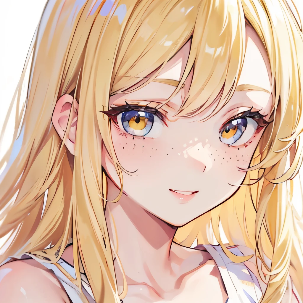 A girly girl, pretty face, face close up, blonde hair, hazel eyes, long hair, white tank top, no accessories, plump lips, lipstick, feminine, defined lips, smile, seductive, freckles 