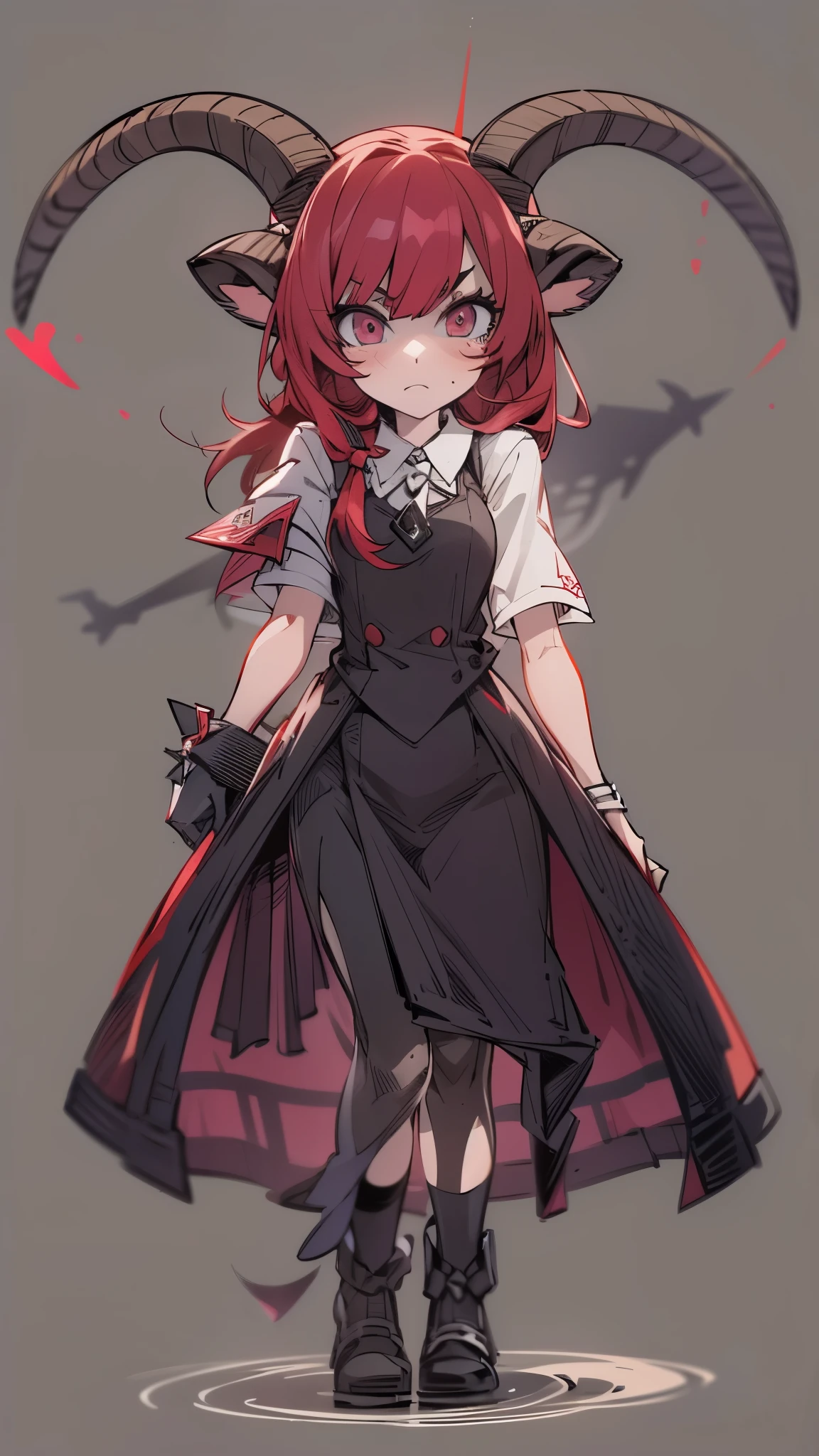 Fantasy realism style,(solo:2),(a girl),devil girl,Has a pair of goat horns and hooves,Skin is dark red,Wearing a flowing black dress,visual lens,Calm eyes,(Show the hoof part:0.8),(Possess red hair、corner ornaments,Repeatedly emphasize the presence of angles:0.8),devil horns,(Hands to hearts:1.8),(Salute gracefully),(Feet on smooth floor),Overall anime style,Focus on symmetry,Visual horizon shooting,Requires works to reach ultra-high definition(UHD)standard,Precise human anatomy,(Hands conform to human anatomy),Super detailed characterization,Ensure high quality output,Suitable for 4K resolution and 1080P resolution display。