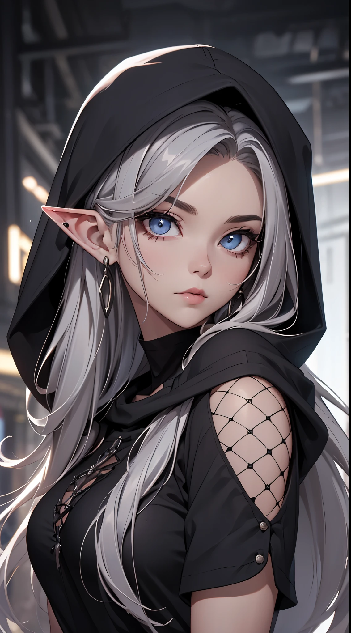 White elf girl, dark grey hair color, very long flowing hair, grey eye color, small eyes, round eye shape, eyeliner, realistic face shape. black shirt, portrait, wearing a black hood, black background, Depth of Field. looking at camera, dreamy look detailed eyes, detailed face, detailed skin, Ultra Detailed, Beautiful and Aesthetic, Masterpiece, Best Quality, shoulders showing. fish net fabric, round chin shape. wearing black hood over hair. showing full upper body and face. wearing a black hood, alot of flairs in background, zoomed out, black and white. glowing,