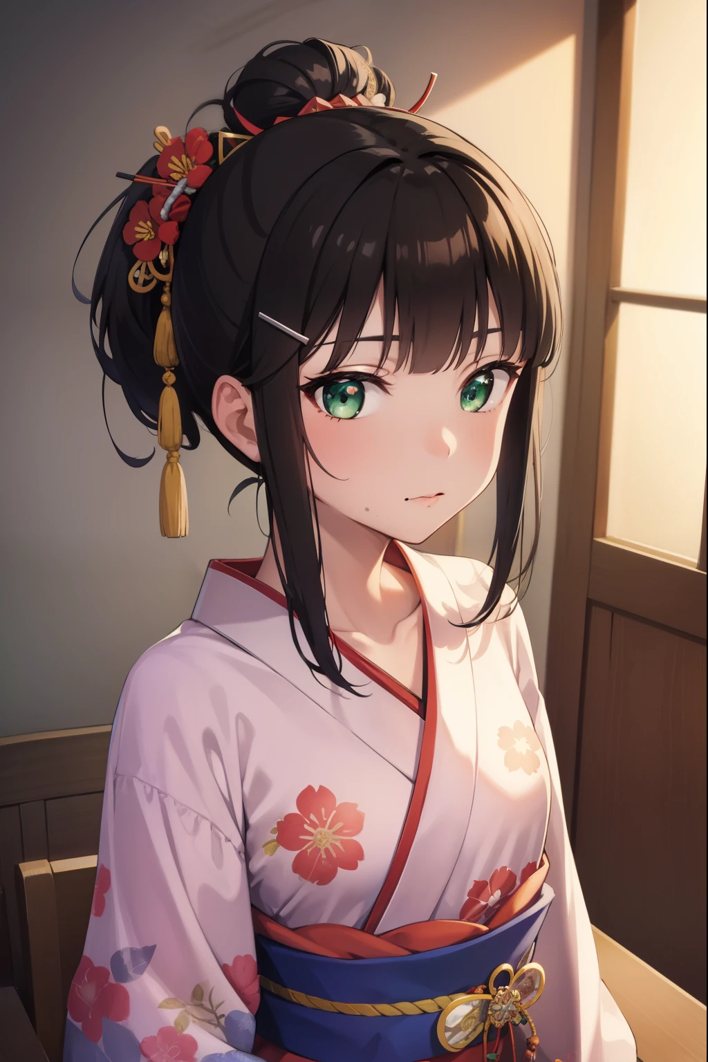 diakurosawa, dia kurosawa, black hair, (green eyes:1.5), blunt bangs, grey skirt, hair ornament, hairclip, mole, mole under mouth, (small breast:1.2),
BREAK collarbone, floral background, floral print, frilled sleeves, frills, hair bun, hair ornament, hair stick, hair tubes, headpiece, japanese clothes, kimono, my mai tonight, obi, sash, sidelocks, single hair bun,
BREAK looking at viewer,
BREAK indoors, classroom,
BREAK (masterpiece:1.2), best quality, high resolution, unity 8k wallpaper, (illustration:0.8), (beautiful detailed eyes:1.6), extremely detailed face, perfect lighting, extremely detailed CG, (perfect hands, perfect anatomy),