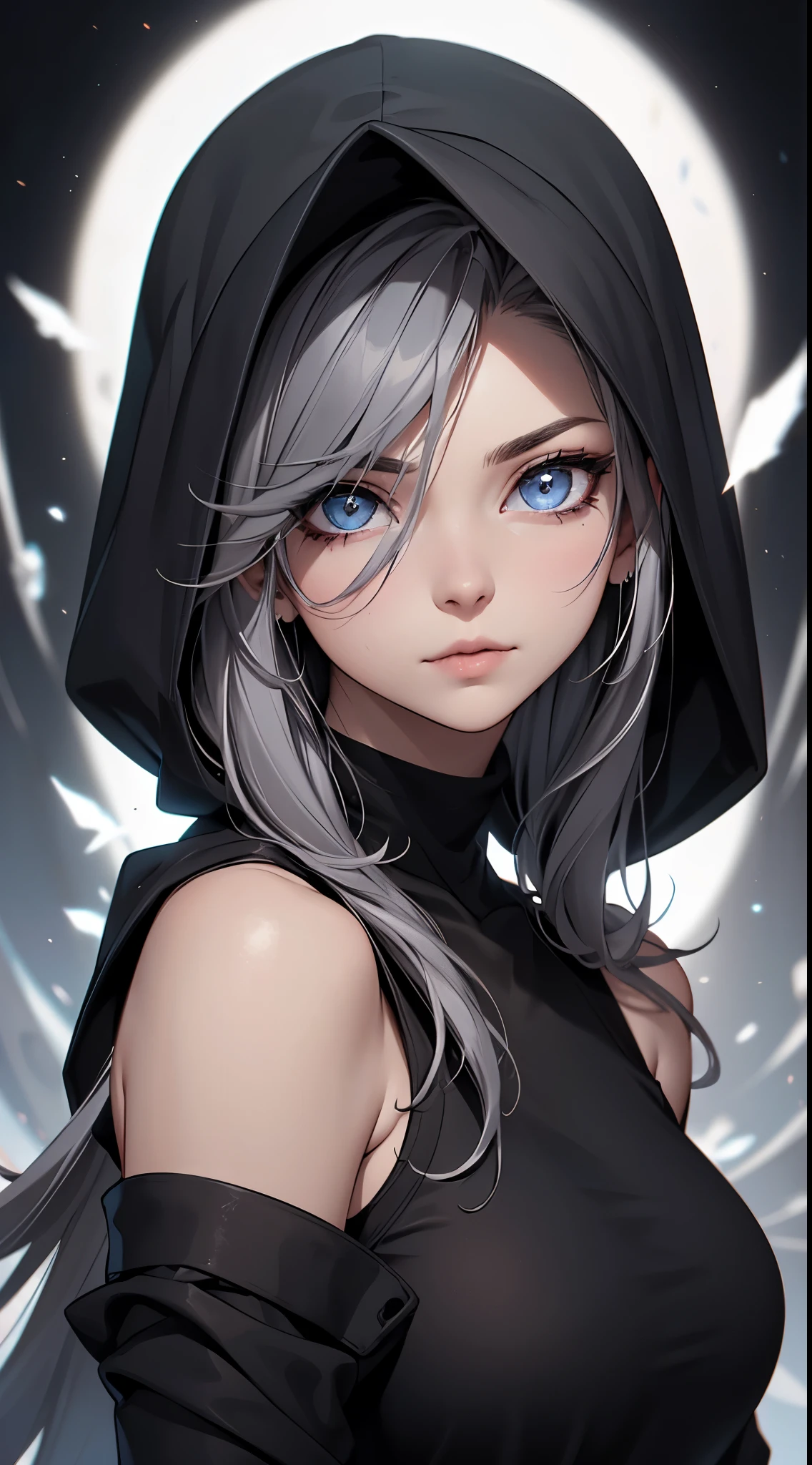 White elf girl, dark grey hair color, very long flowing hair, grey eye color, small eyes, round eye shape, eyeliner, realistic face shape. black shirt, portrait, wearing a black hood, black background, Depth of Field. looking at camera, dreamy look detailed eyes, detailed face, detailed skin, Ultra Detailed, Beautiful and Aesthetic, Masterpiece, Best Quality, shoulders showing. fish net fabric, round chin shape. wearing black hood over hair. showing full upper body and face. wearing a black hood, alot of flairs in background, zoomed out, black and white. glowing,