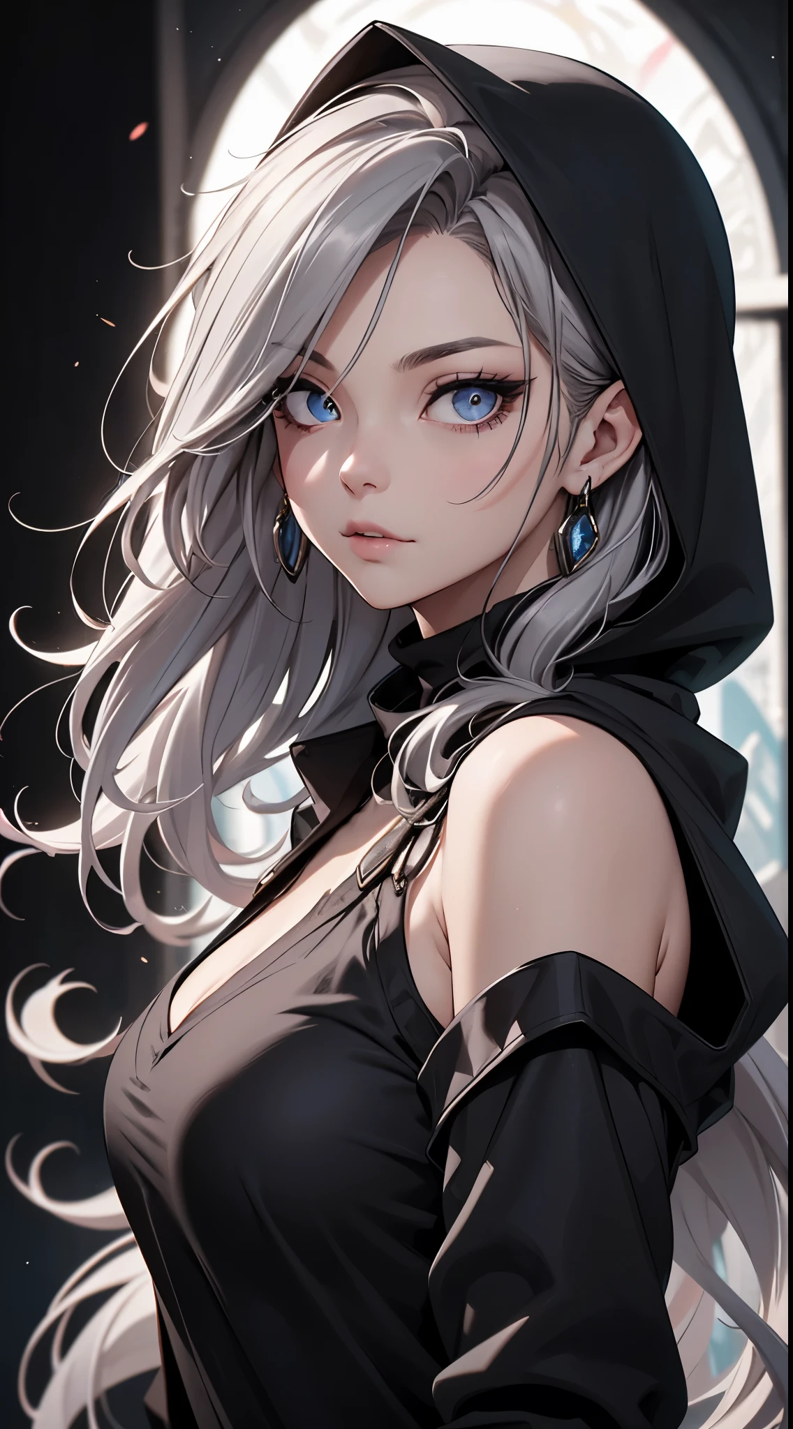 White elf girl, dark grey hair color, very long flowing hair, grey eye color, small eyes, round eye shape, eyeliner, realistic face shape. black shirt, portrait, wearing a black hood, black background, Depth of Field. looking at camera, dreamy look detailed eyes, detailed face, detailed skin, Ultra Detailed, Beautiful and Aesthetic, Masterpiece, Best Quality, shoulders showing. fish net fabric, round chin shape. wearing black hood over hair. showing full upper body and face. wearing a black hood, alot of flairs in background, zoomed out, black and white. glowing, goddess