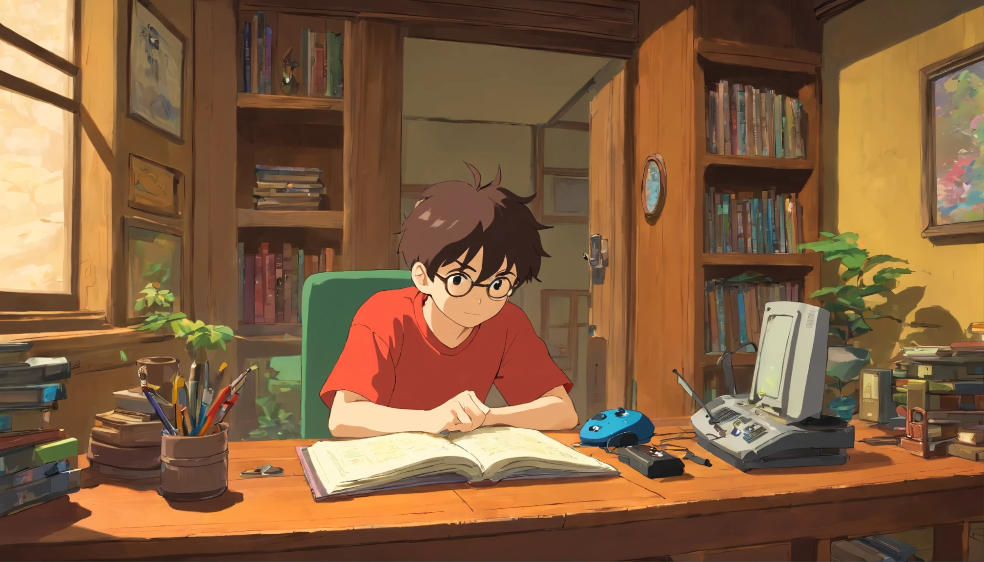 (obra de arte) Um (macho) estudando sentado em seu quarto, sobre sua mesa, com fones de ouvido ligados, videogame e joystick sobre a mesa, nerd décor, videogame na parede, cartazes, janela mostrando a lua e as estrelas, calma, peaceful, pensamento, cinematographic, color grading, lindamente codificado por cores,
