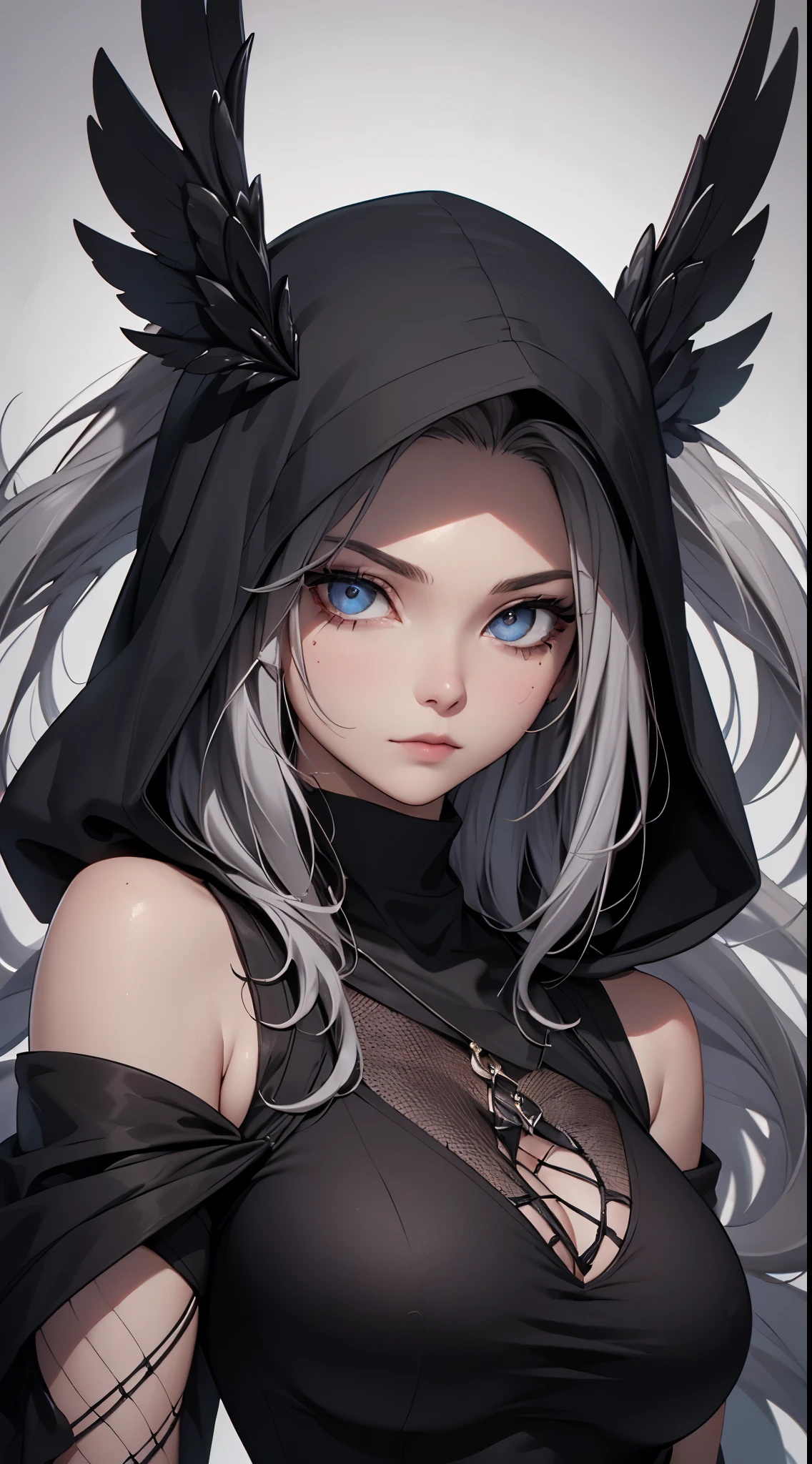 White elf girl, dark grey hair color, very long flowing hair, grey eye color, small eyes, round eye shape, eyeliner, realistic face shape. black shirt, portrait, wearing a black hood, black background, Depth of Field. looking at camera, dreamy look detailed eyes, detailed face, detailed skin, Ultra Detailed, Beautiful and Aesthetic, Masterpiece, Best Quality, shoulders showing. fish net fabric, round chin shape. wearing black hood over hair. showing full upper body and face. wearing a black hood, alot of flairs in background, zoomed out, black and white. glowing, goddess