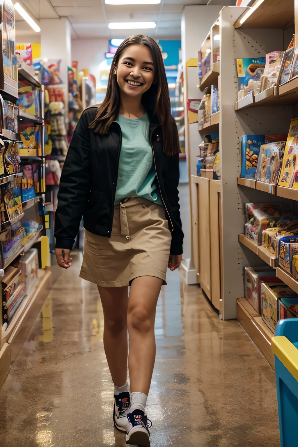 A girl happily walking inside a toy store
