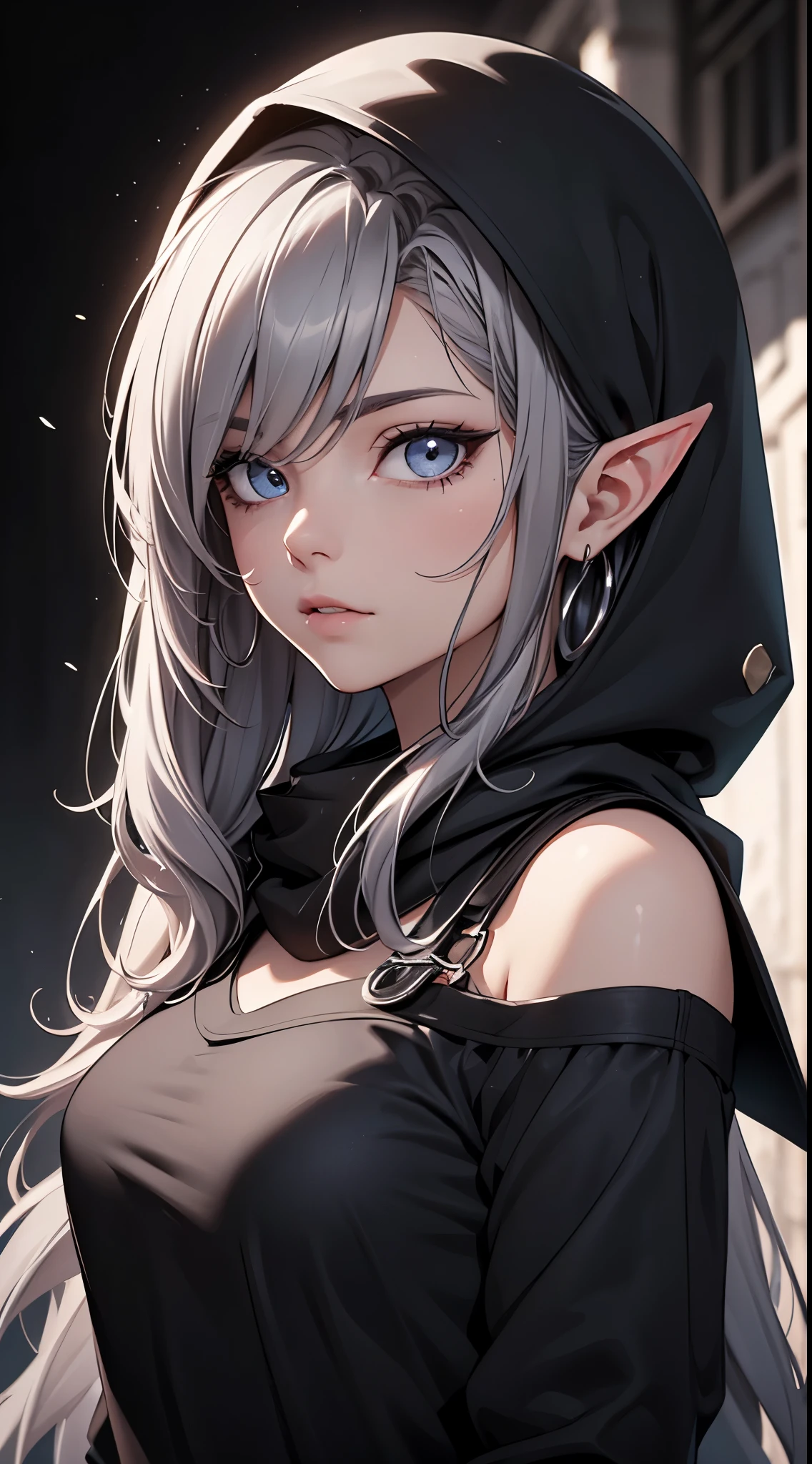 White elf girl, dark grey hair color, very long flowing hair, grey eye color, small eyes, round eye shape, eyeliner, realistic face shape. black shirt, portrait, wearing a black hood, black background, Depth of Field. looking at camera, dreamy look detailed eyes, detailed face, detailed skin, Ultra Detailed, Beautiful and Aesthetic, Masterpiece, Best Quality, shoulders showing. fish net fabric, round chin shape. wearing black hood over hair. showing full upper body and face. wearing a black hood, alot of flairs in background, zoomed out, black and white. glowing,