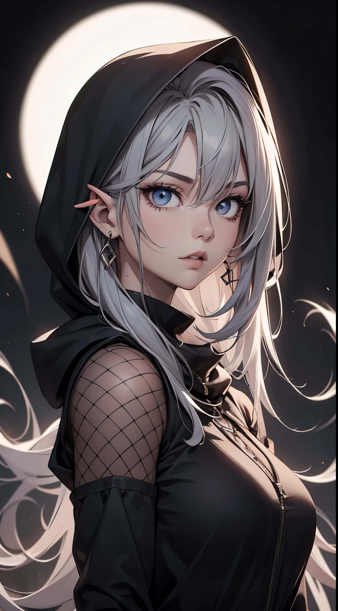 White elf girl, dark grey hair color, very long flowing hair, grey eye color, small eyes, round eye shape, eyeliner, realistic face shape. black shirt, portrait, wearing a black hood, black background, Depth of Field. looking at camera, dreamy look detailed eyes, detailed face, detailed skin, Ultra Detailed, Beautiful and Aesthetic, Masterpiece, Best Quality, shoulders showing. fish net fabric, round chin shape. wearing black hood over hair. showing full upper body and face. wearing a black hood, alot of flairs in background, zoomed out, black and white. glowing,