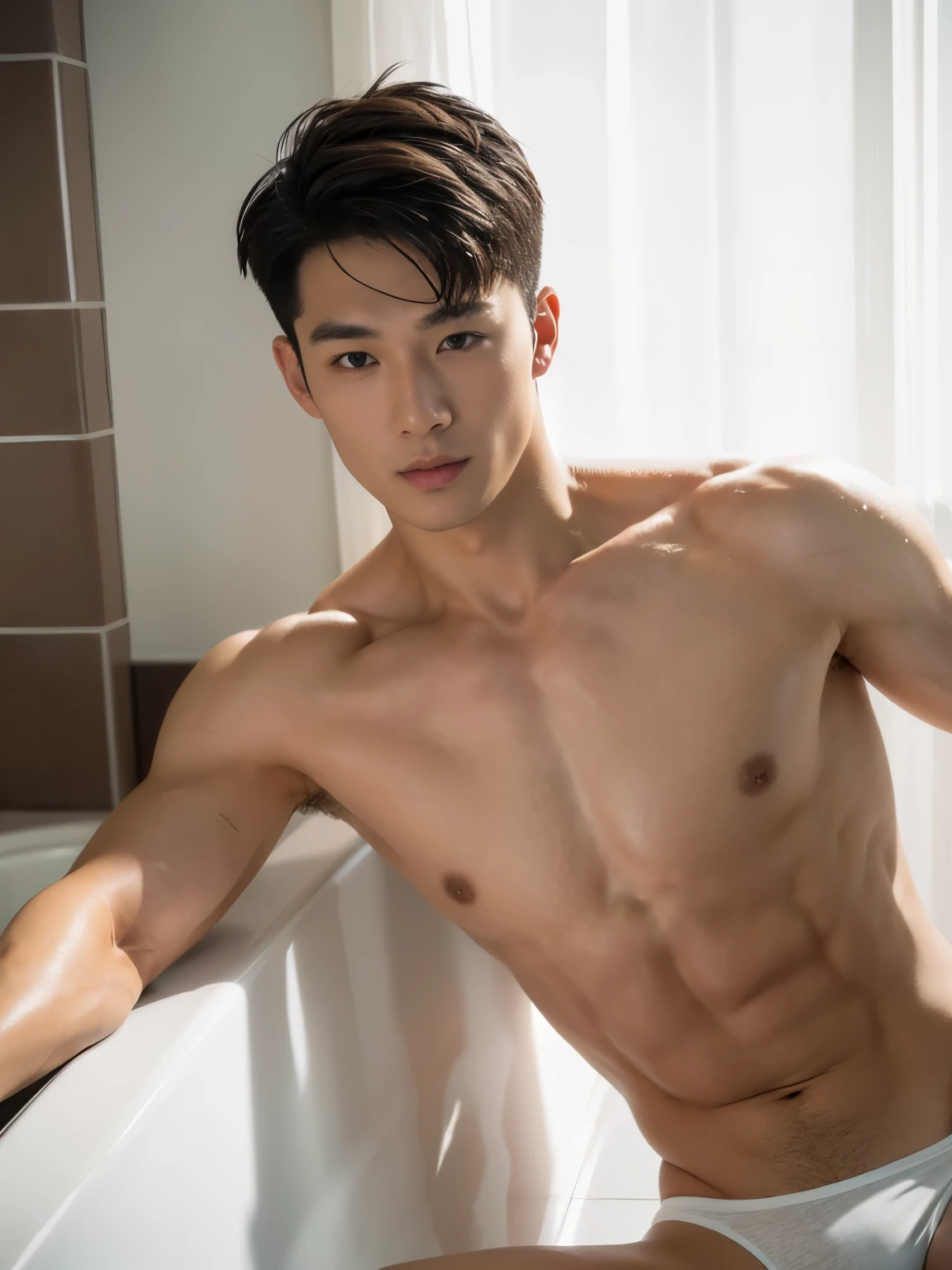 The Alafed man in briefs, handsome Chinese guy, handsome man, Full Body Shoot, photoshoot, portrait, studio lighting, look at camera, detailed facial parts, Manly, Charmer, Active Boy, take a bath, laying in bath, wet body, open legs, anguished expression, perfect anatomy, symmetric body, asian boy 30years old, shirtless :: high detail, asian, a little six packs attractive body, realistic, human skin, Short Hairstyle, handsome chad chin, shirtless, handsome, attractive, slightly muscular man, masculine, sexually attractive, human skin, (eyes contact), Handsome, Attractive, bulge in briefs, The crotch is raised