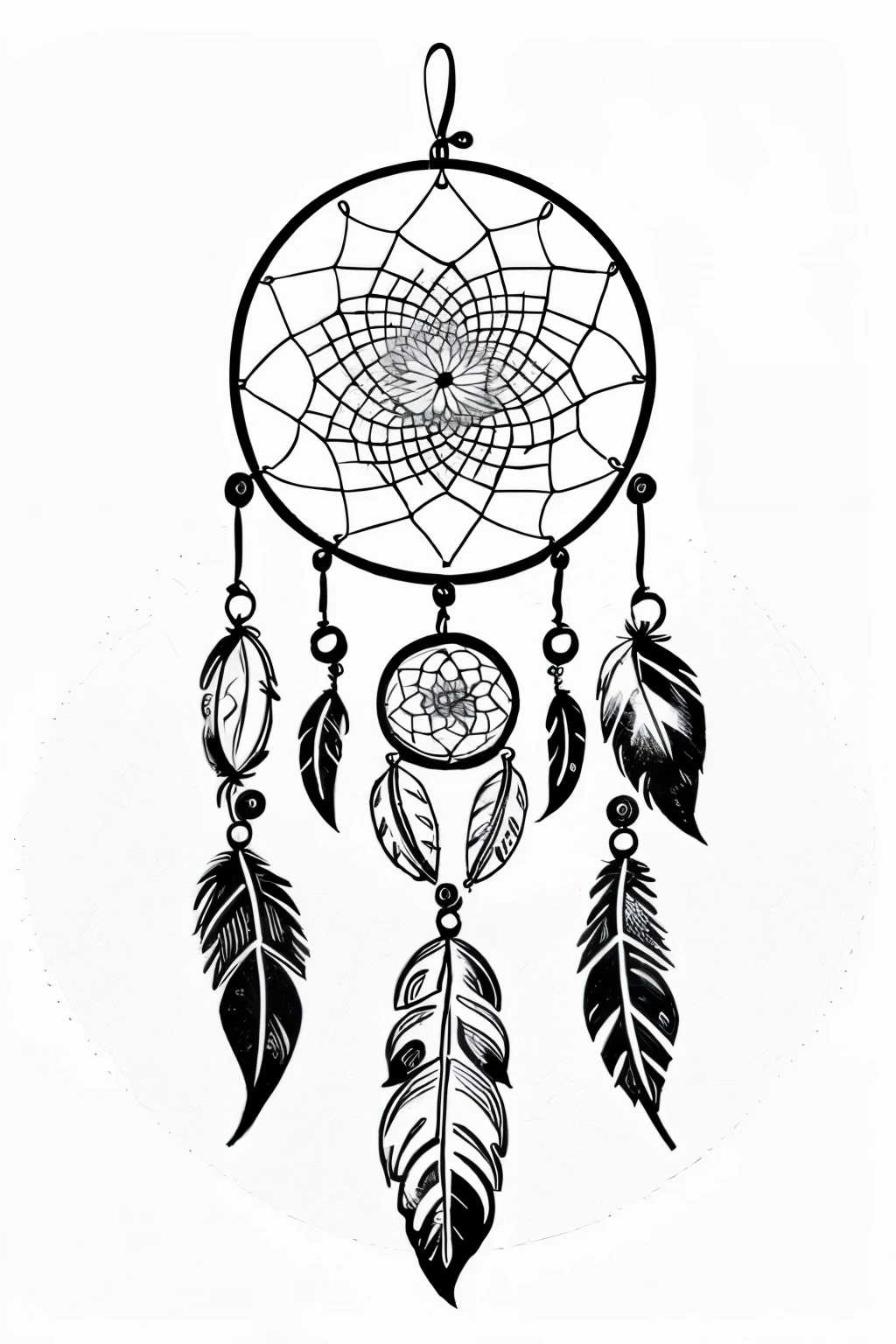 dream Catcher, line art style, black and white, white background, no background
