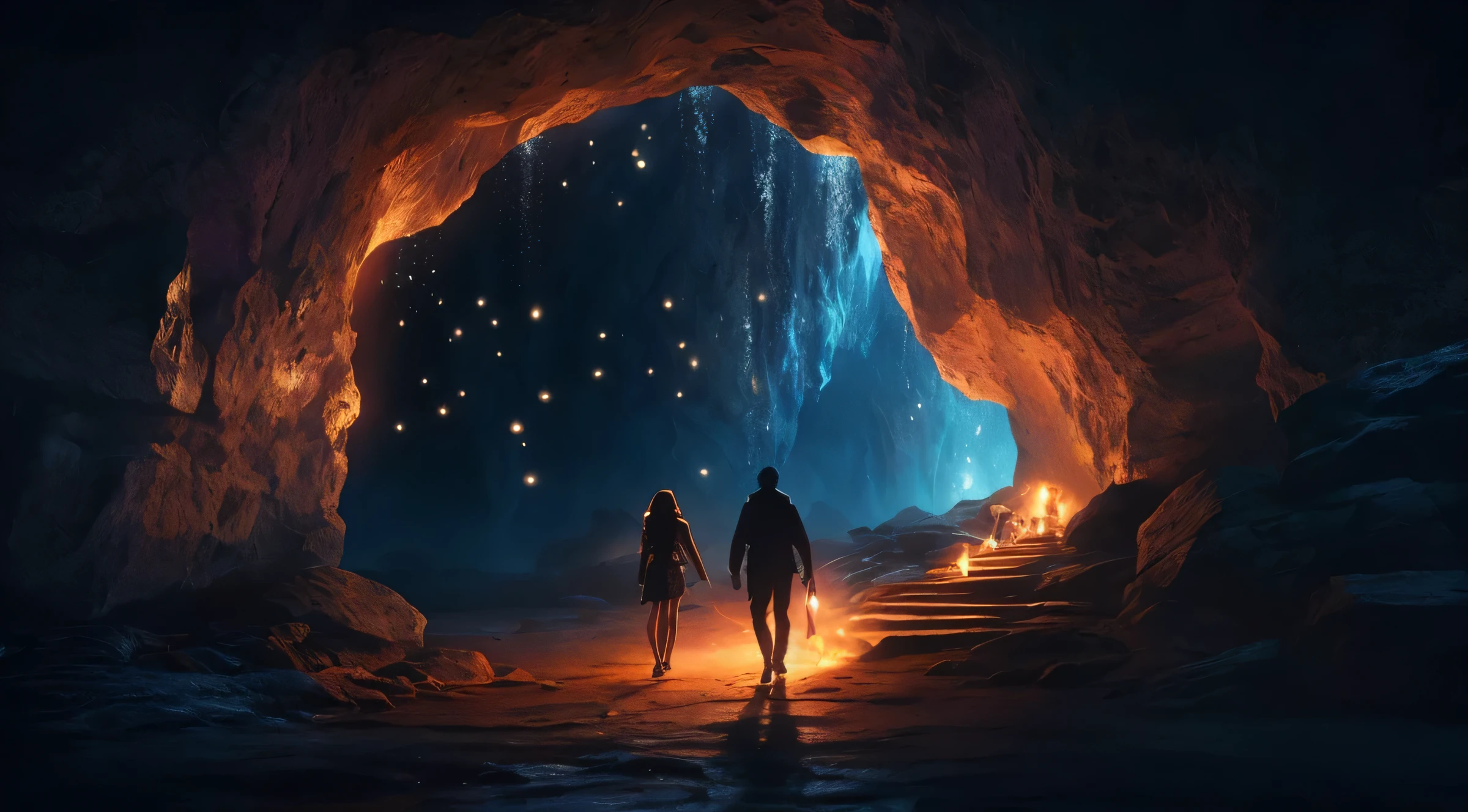 there are two people walking through a cave with fire, bela cena da caverna da fantasia, Magic Cave, cave exploration, cave lighting, lost em uma caverna, em uma caverna, mythical gigantic space cave, magical concept art, Pedras brilhantes da caverna, fundo da caverna, encantador e sobrenatural, Tenente Alexander Kucharsky, por Elias Ravanetti, Caverna de cristal brilhante