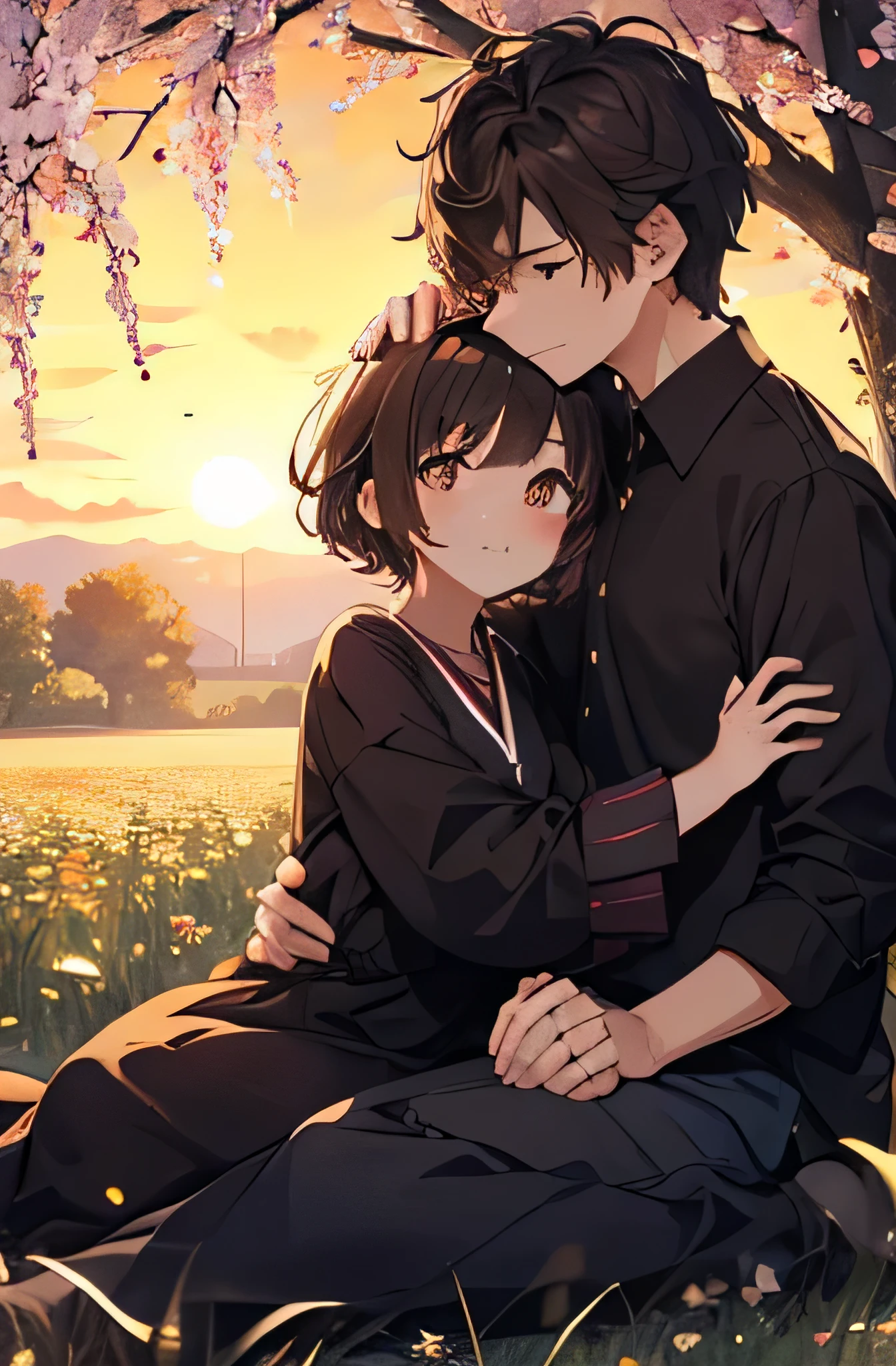 Valentine&#39;s card for a couple, romantisch handholding, Liebhaber, Girl and boy, Girl with short brown hair and brown eyes, Girl in cute Asian clothes, Junge mit sehr lockigen kurzen Haaren, Junge in eleganter schwarzer, nice clothes, viele Herzen im Hintergrund, happy faces, romantisch, , big boy, Unordentliches Jungenhaar, Kuscheln, Kuscheln, Umarmungen, Paar sitzt auf einem Feld mit Blumen, in der Nacht, Sterne und Mond im Nacken, aesthetic and detailed landscape, Hochwertige Texturen, Good quality hands, Ultra HD, 4K