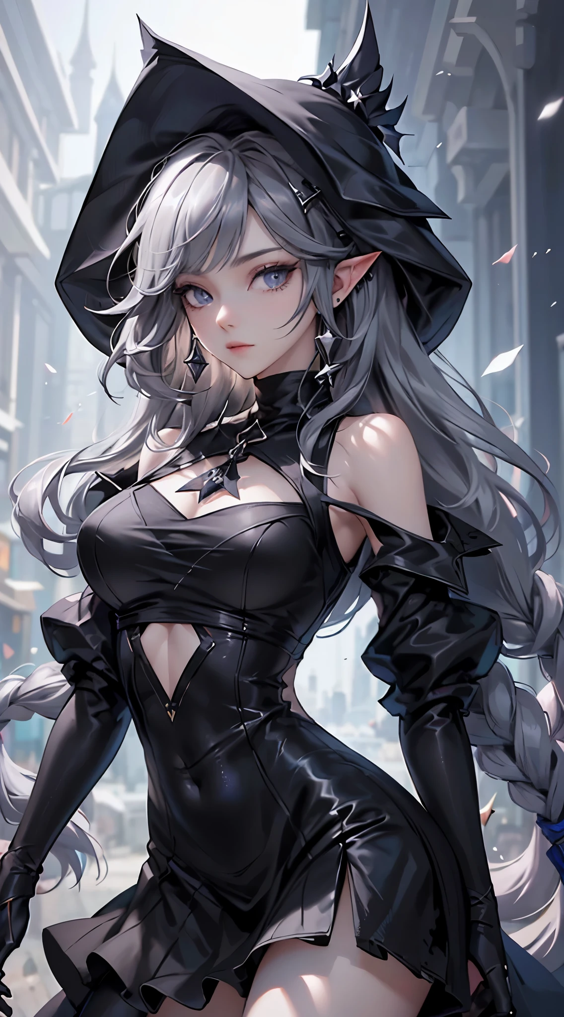 White elf girl, medium grey hair color, very long flowing hair, grey eye color, small eyes, realistic human eye shape, round eye shape, eyeliner, realistic face shape. black lace low cut lace shirt, portrait, wearing a black hood, black background, chest showing, NSFW, Depth of Field. looking at camera, dreamy look detailed eyes, detailed face, detailed skin, Ultra Detailed, Beautiful and Aesthetic, Masterpiece, Best Quality, shoulders showing. lace fabric, round chin shape. wearing black hood over hair. showing full upper body and face. wearing a black hood. hips showing, alot of flairs in background, zoomed out. full body showing. hips exposed, black and gold. Glowing