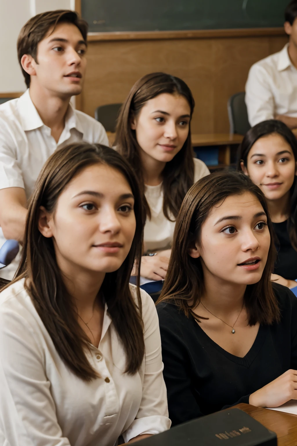 Realistic photo of a gospel teacher, without a beard or mustache, testifying during a class, with happy students listening attentively and feeling touched.