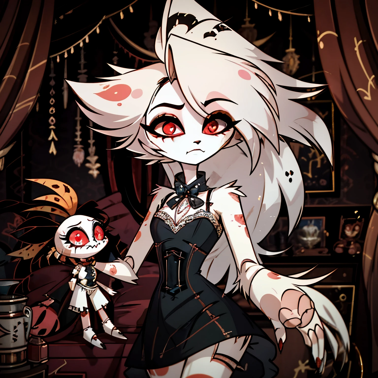 In the solitary realm of Hazbin Hotel, a captivating feminine broken doll demon exists as the sole character, bearing intricate golden designs on her fractured porcelain skin. With black & white hair as a result of trauma and fiery red eyes, she wears a haunting and melancholic gaze. Adorned in a vintage 60s dress, with a high collar and intricate lace details, flows gracefully, while faded floral patterns symbolize both fragility and resilience. Against the chaotic backdrop of Hazbin Hotel, her presence captivates, symbolizing resilience and the enduring strength that emerges from brokenness, serving as a reminder of beauty found amidst sorrow in this desolate world. ((20 years old)), ((doll-joints)), ((black cracks in skin)), ((NO PINK)), ((solo)), ((1character))