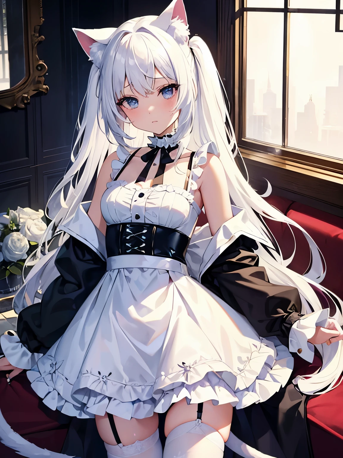 masterpiece, {{{{Highest quality}}}}, beautiful,1 girl, White_hair, cat ears(White), cat tail(White), frilled choker、miniskirt_dress, bare_shoulders, garter belt,garter straps