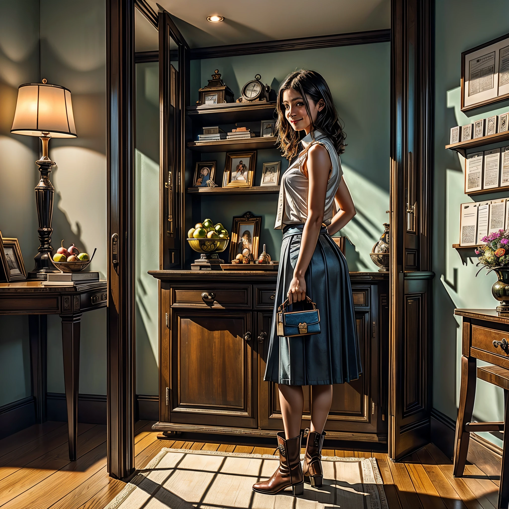 (Masterpiece, highest quality, highest resolution, distinct_image, very elaborate CG, cinematic lighting, ray tracing, drop shadows, detailed detail, (photorealistic: 1.4), high quality textures, fine-grained, realistic face expression): (lone girl, face is Japan, brown short hair, small size breasts, sparkling eyes, Eye level shot, happy smile, beauty, slim body, holiday, own room, console game, computer, display, keyboard, mouse, long leather skirt, collared shirt, leather vest, handgun holder, carrying leather bag on your back, long boots, antique radio, coffee, model train, bookshelf, spacious chair, Pots, fans, paintings, stuffed animals, ties, notebooks, stationery, vases, photo frames, letters, fountain pens, calendars, lamps, cushions, baskets, mirrors reflecting in profile, candles, newspapers, sweets, city view outside the window, telephone, fruit) varied multi etc. --v 6 --s 1000 --c 20 --q 20 --chaos 100