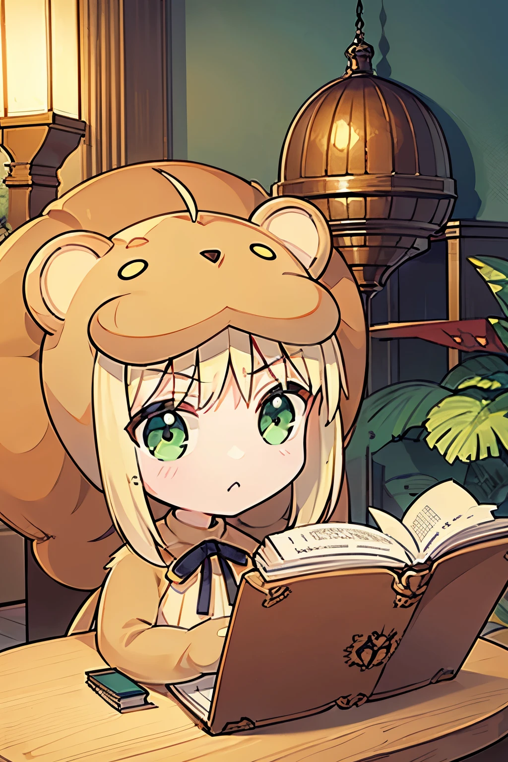 Woman | 10 | Wearing a Saberlion Fantasy Animal Cosplay | Short Blond Chibi Hair with a Lion Mane | Expressive Green Eyes | Peaceful Setting of a Cozy Room | Simple Furniture, Comfortable Chair, Open Book on the Table | Styles: Fantasy Animal, Chibi, Writing.