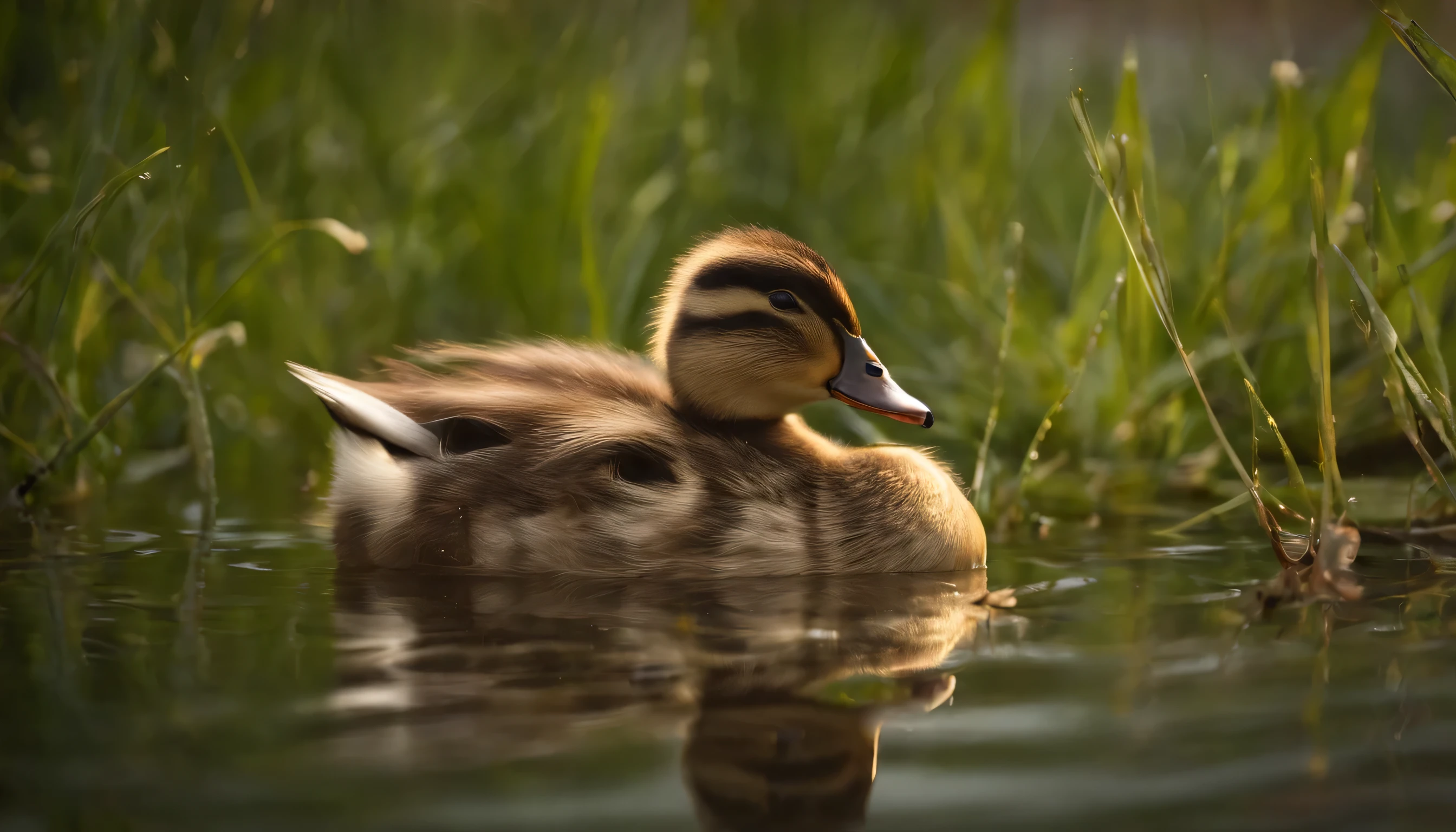 Spring Nesting: Picture a serene pond with lush vegetation along the water's edge. A mother duck is carefully concealing her nest among the tall grasses, surrounded by the promise of new life.