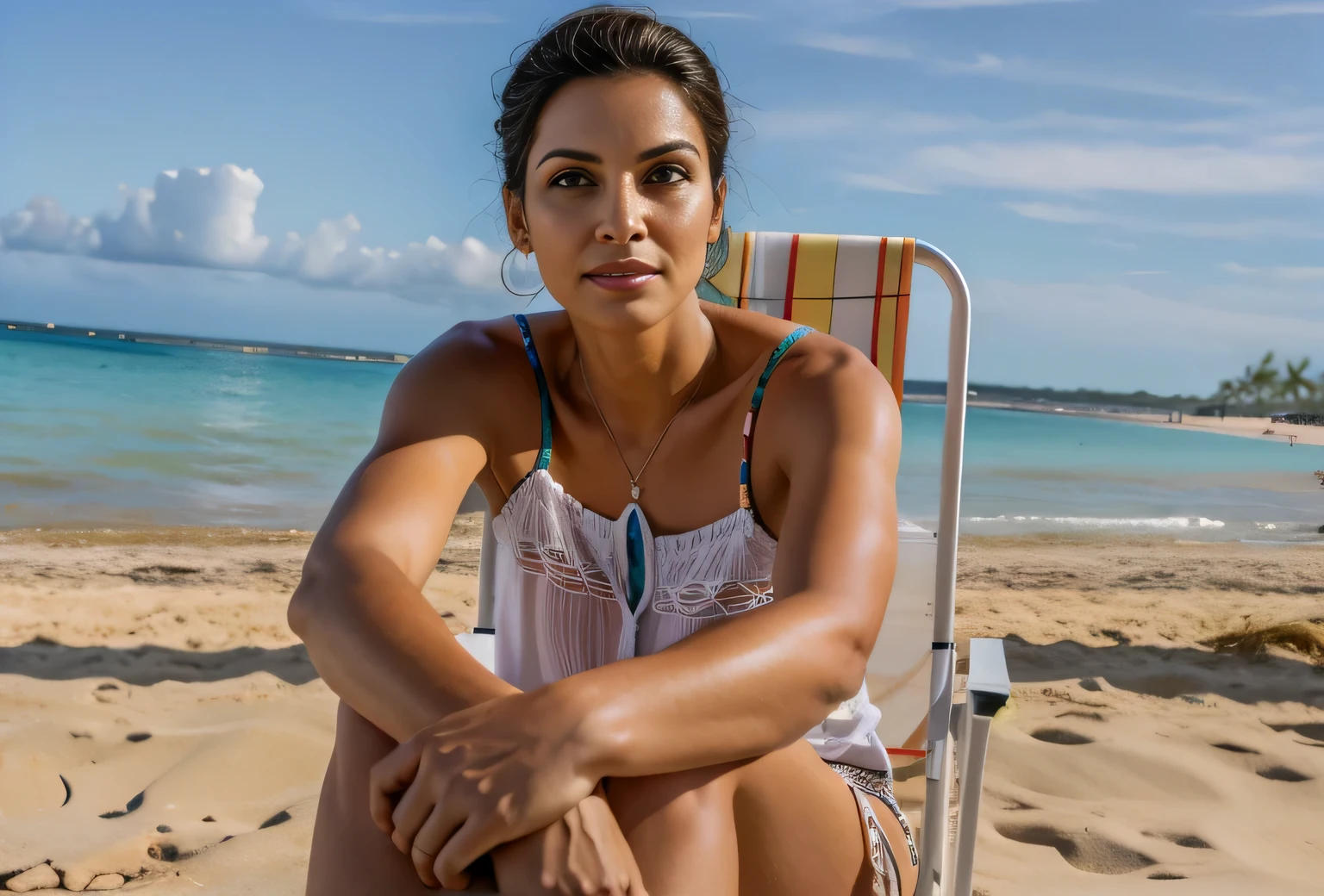 woman sitting on a chair na praia, sitting na praia, sitting na praia, posing na praia, em uma praia, foto de praia, na praia, em uma praia ensolarada, in a sun lounger, 30 anos, relaxing na praia, is relaxing on a beach, em uma praia tropical. Mulher brasileira com pele branca e cabelos escuros. ela tem cerca de 35 anos. Corpo fino, cintura fina. Altamente realista, hiperrealismo, pele muito elaborada. foto de corpo inteiro, Limpar foto, alta qualidade, high resolution, obra de arte, 8k.