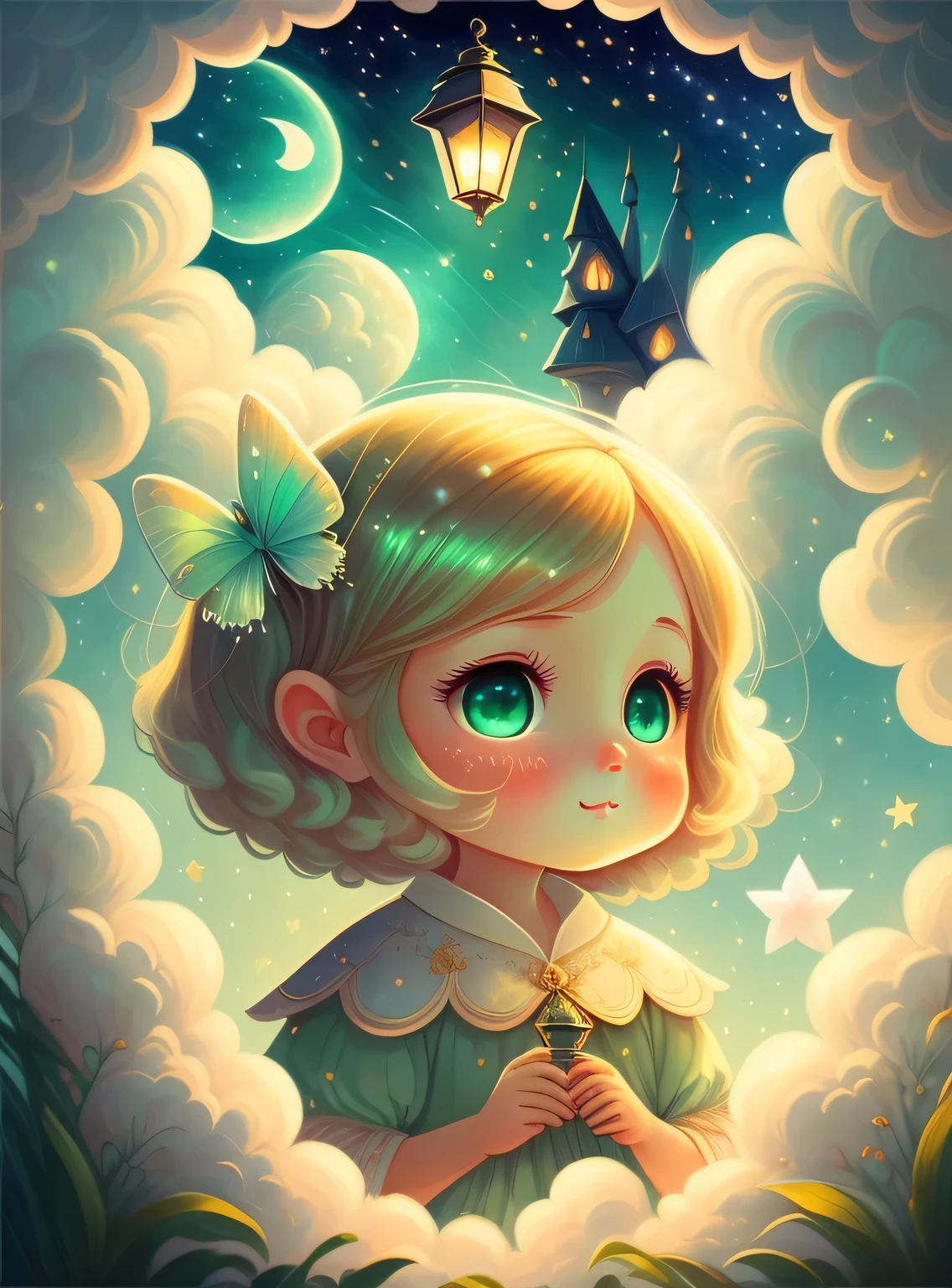 dream sky, nuvens, As estrelas, Bonito, cabelos de cores claras, pale green eyes, teia, a fairy tale illustration, Uma obra-prima sob luz brilhante, arte deslumbrante, lamparina! A arte da magia, arte de conto de fadas, arte inspiradora, obras de arte requintadas