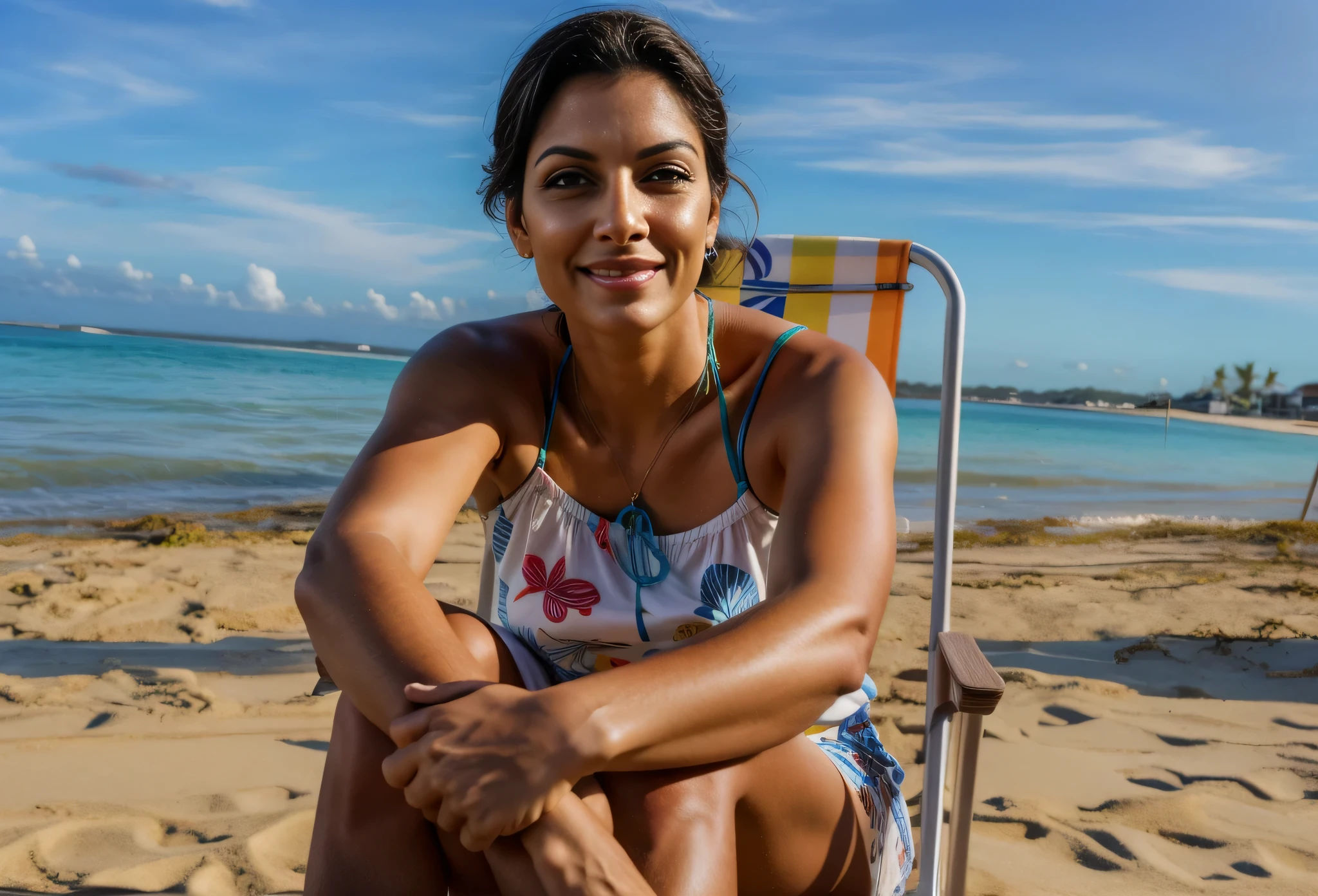 woman sitting on a chair na praia, sitting na praia, sitting na praia, posing na praia, em uma praia, foto de praia, na praia, em uma praia ensolarada, in a sun lounger, 30 anos, relaxing na praia, is relaxing on a beach, em uma praia tropical. Mulher brasileira com pele branca e cabelos escuros. ela tem cerca de 35 anos. Corpo fino, cintura fina. Altamente realista, hiperrealismo, pele muito elaborada. foto de corpo inteiro, Limpar foto, alta qualidade, high resolution, obra de arte, 8k.