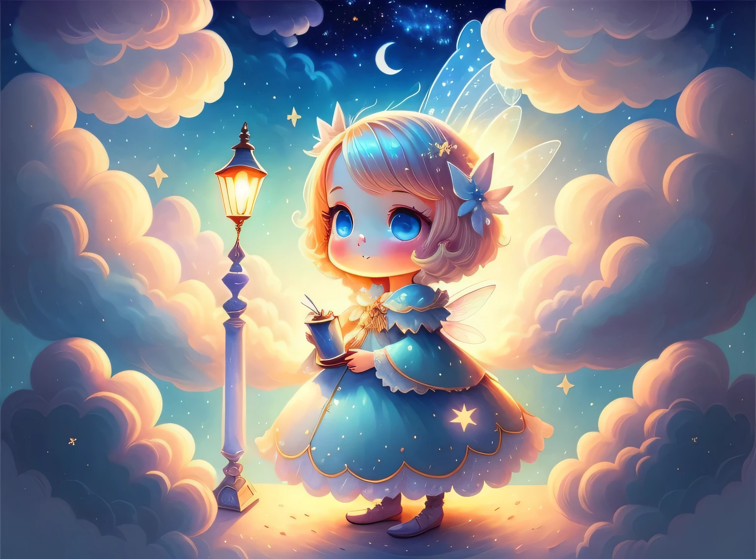 dream sky, nuvens, As estrelas, Bonito, cabelos de cores claras, olhos azuis claros, teia, a fairy tale illustration, Uma obra-prima sob luz brilhante, arte deslumbrante, lamparina! A arte da magia, arte de conto de fadas, arte inspiradora, obras de arte requintadas
