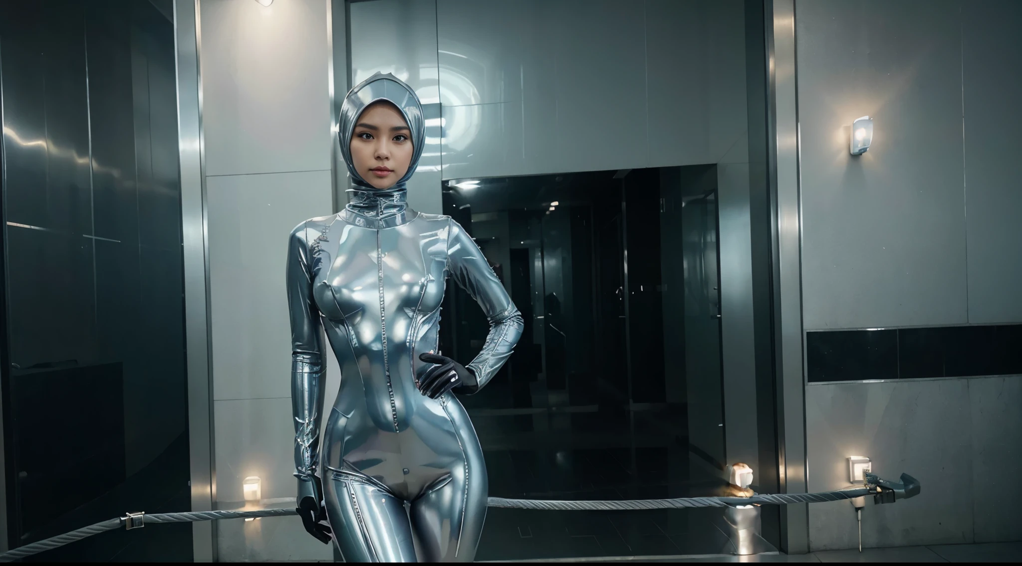 Indonesian girl wearing hijab and mask. Silver gloves. Cable. Long leg. Innocent face. Blue eyes. Wearing tight full body silver latex cyber suit. Neck to toe suit silver. High saturation. 4k.