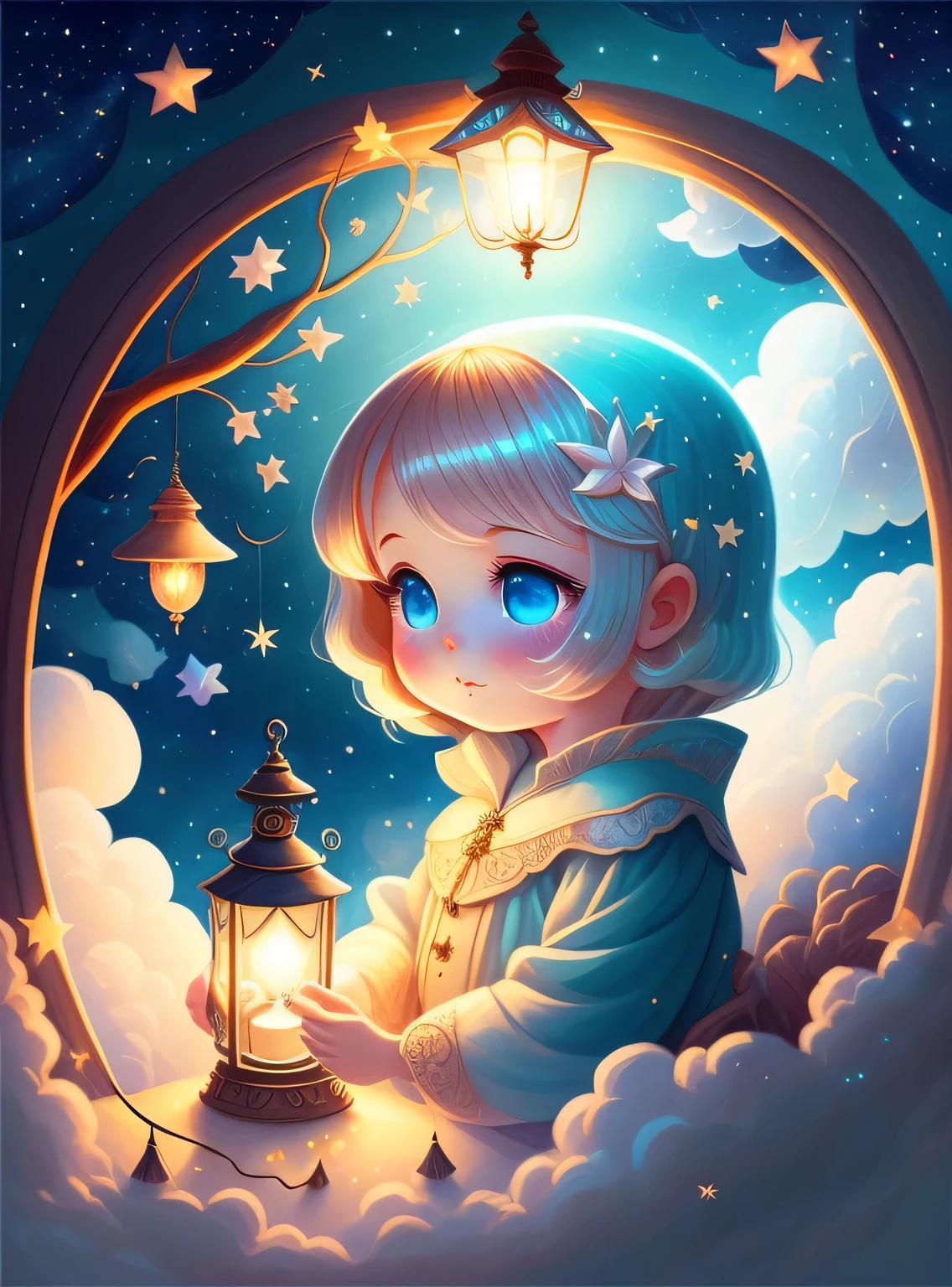 dream sky, nuvens, As estrelas, Bonito, cabelos de cores claras, olhos azuis claros, teia, a fairy tale illustration, Uma obra-prima sob luz brilhante, arte deslumbrante, lamparina! A arte da magia, arte de conto de fadas, arte inspiradora, obras de arte requintadas