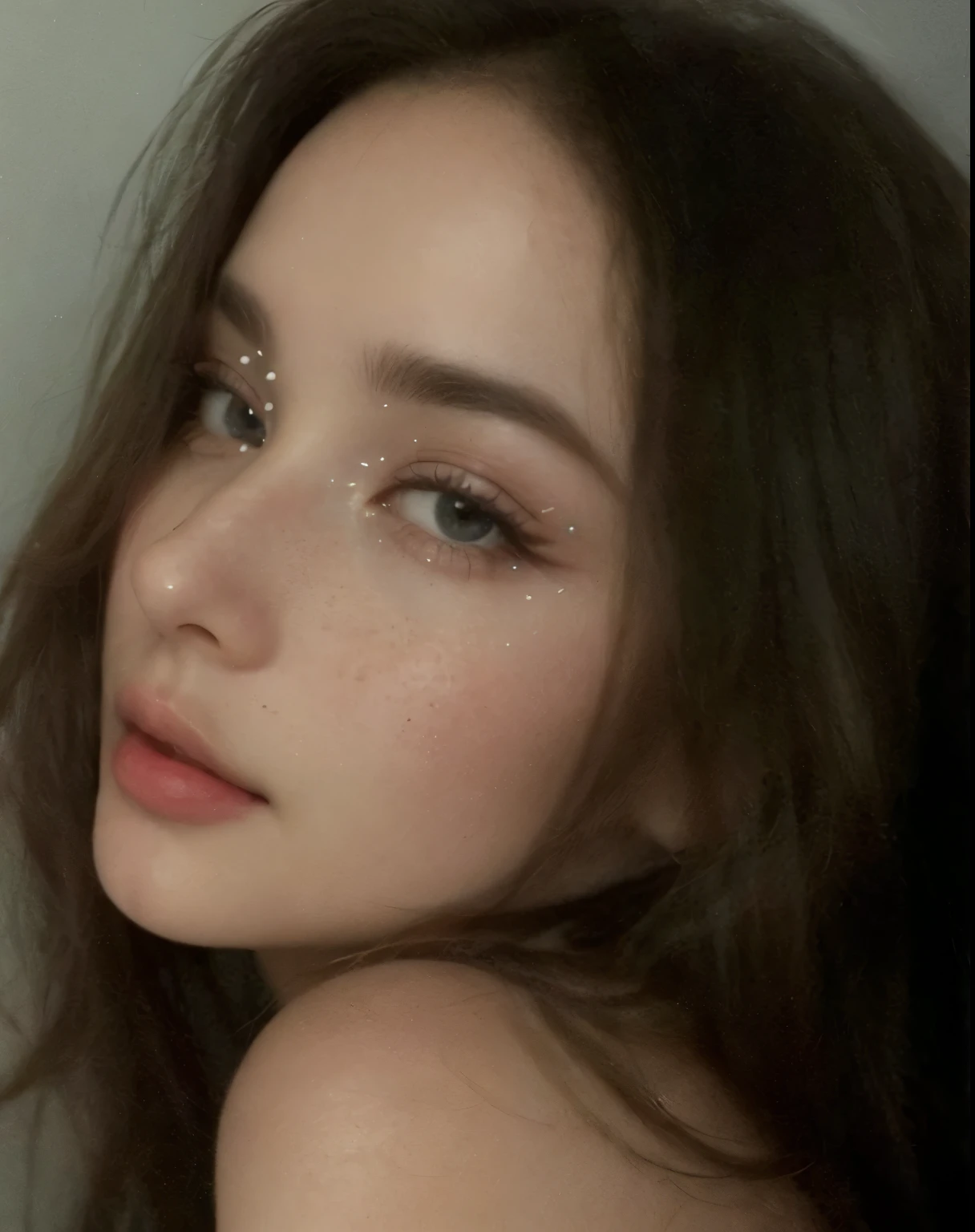 um close de uma mulher com rosto branco e cabelo castanho, estrelas em seus olhos de olhar, estrelas nos olhos dela, olhos estrelados, com estrelas, sardas brancas, maquiagem leve, glitter on eyelids, olhos brilhantes, com maquiagem profissional, maquiagem sutil, brilhante, freckle suggestion, rosto perfeitamente iluminado, sardas claras, pequenas sardas, Foto do perfil