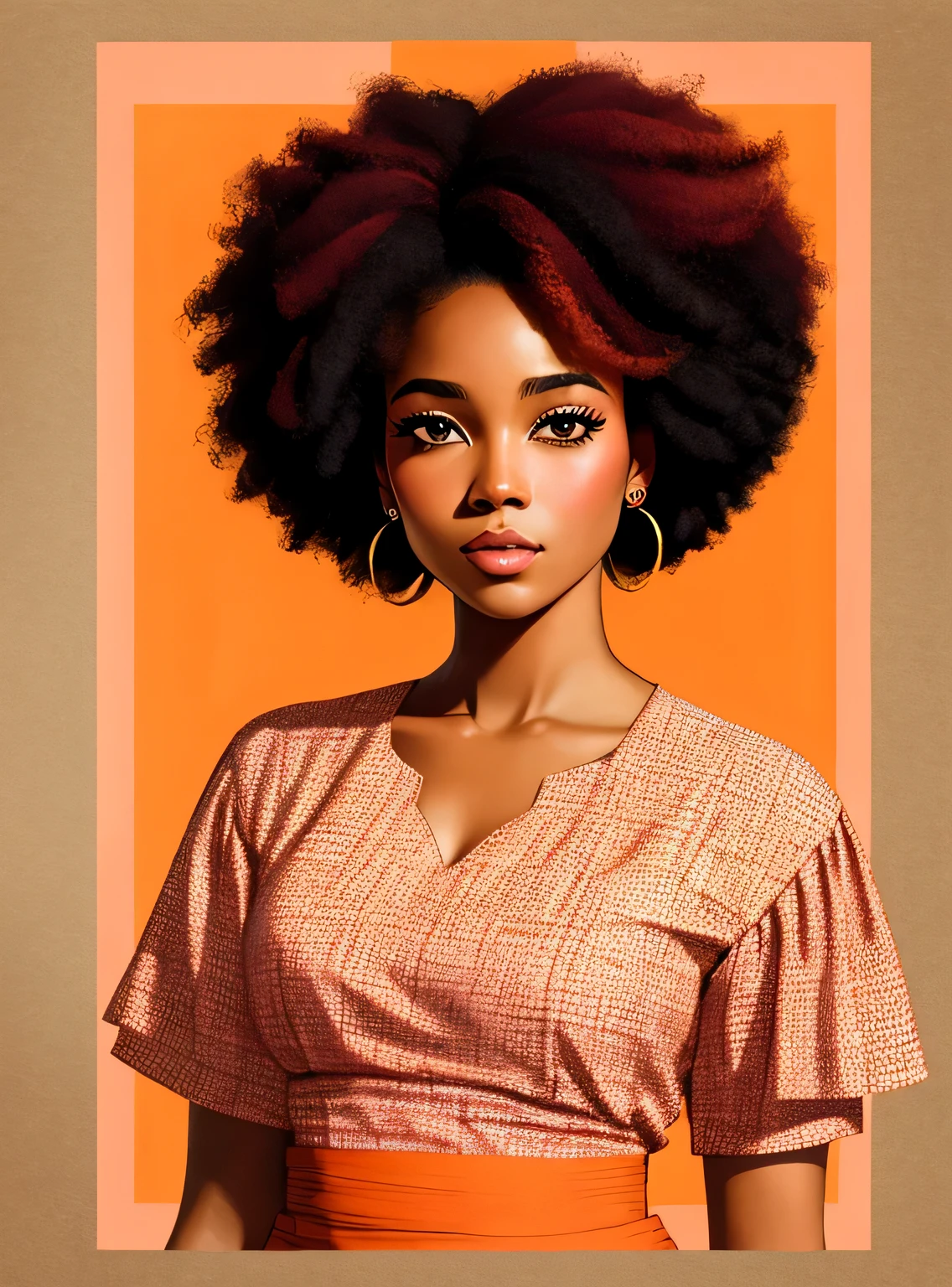 An illustration of an African American woman with natural hair, no estilo de Ross Tran, rosa e laranja, Jessica Drossin, estampas em negrito, Miguel Malm, ousado, mas gracioso, traditional bold —ar 2:3 - em 5