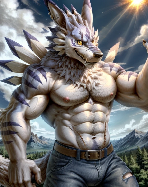 Weregarurumon,digimon,,werewolf,male,adult,alone,,4K,best quality,HD,,looking at the audience,hairy body,furry tail,Topless,no equipment,No clothing,bared  chest,Hairy chest,chest muscles,Pink nipples, Six-pack abs, biceps,anatomically correct,Delicate fur,pride,soft shadow,majestic,Detailed face, HD的眼睛,golden eyes,black pupils,Sharp eyes,Grandiose,Valiantary,blue jeans,There is a scar on the right side of the waist,Confident smile,Strong,mature,Blue sky and white clouds,The sun shines,mountain forest,