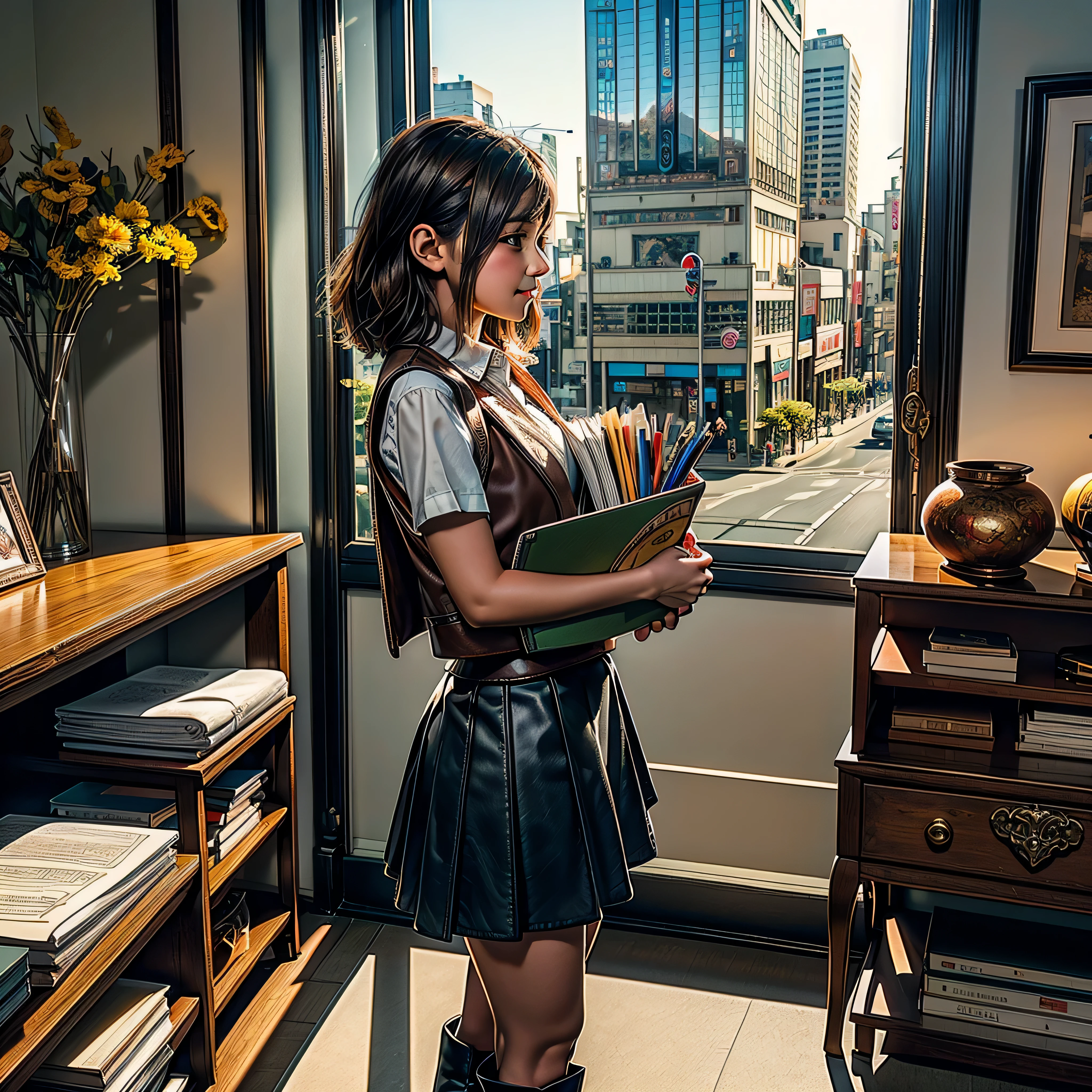 (Masterpiece, highest quality, highest resolution, distinct_image, very elaborate CG, cinematic lighting, ray tracing, drop shadows, detailed detail, (photorealistic: 1.4), high quality textures, fine-grained, realistic face expression): (lone girl, face is Japan, brown short hair, small size breasts, sparkling eyes, Eye level shot, happy smile, beauty, slim body, holiday, own room, console game, computer, display, keyboard, mouse, long leather skirt, collared shirt, leather vest, handgun holder, carrying leather bag on your back, long boots, antique radio, coffee, model train, bookshelf, spacious chair, Pots, fans, paintings, stuffed animals, ties, notebooks, stationery, vases, photo frames, letters, fountain pens, calendars, lamps, cushions, baskets, mirrors reflecting in profile, candles, newspapers, sweets, city view outside the window, telephone, fruit) varied multi etc. --v 6 --s 1000 --c 20 --q 20 --chaos 100
