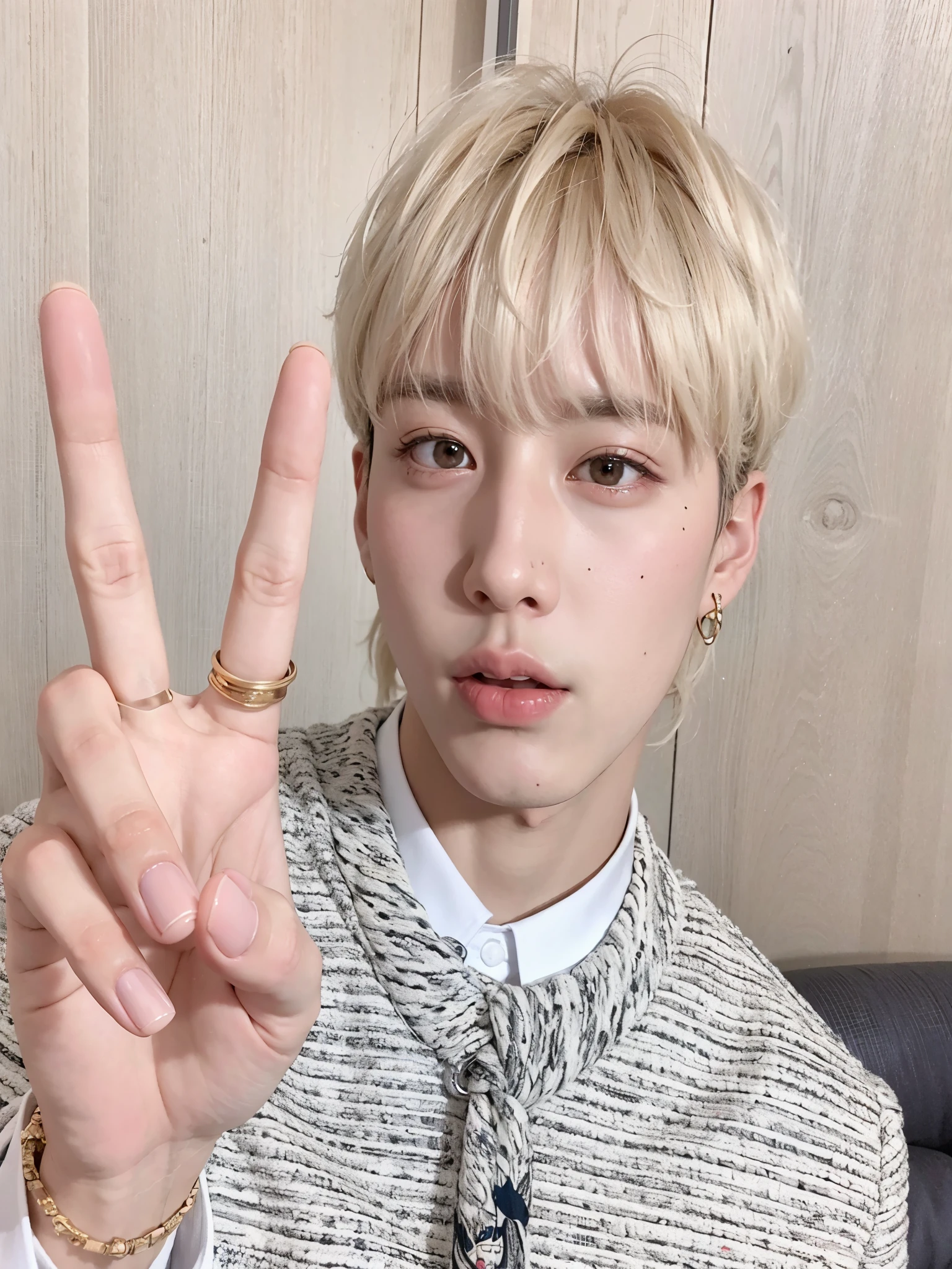 Hombre arafed con cabello rubio y un signo de la paz en la mano., cai xukun, hyung tae, taehyung comiendo papas fritas gucci, kim doyoung, with index finger, yanjun chengt, steven jung, Jinyoung Shin, inspirado en Kun Can, Jung Jaehyun, hong junio hyung, taken in the early 2020s, jungkook, kpop idol, korean male face, cute idol male