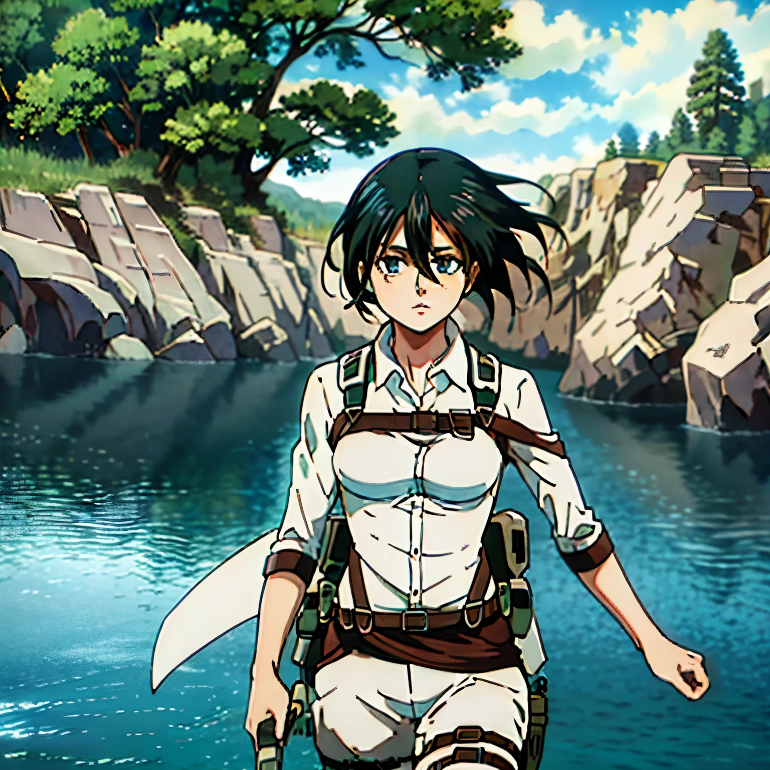 Hermosa chica mikasa ackerman, usando biquini blanco, lago cristalino, hermoso paisaje de fondo