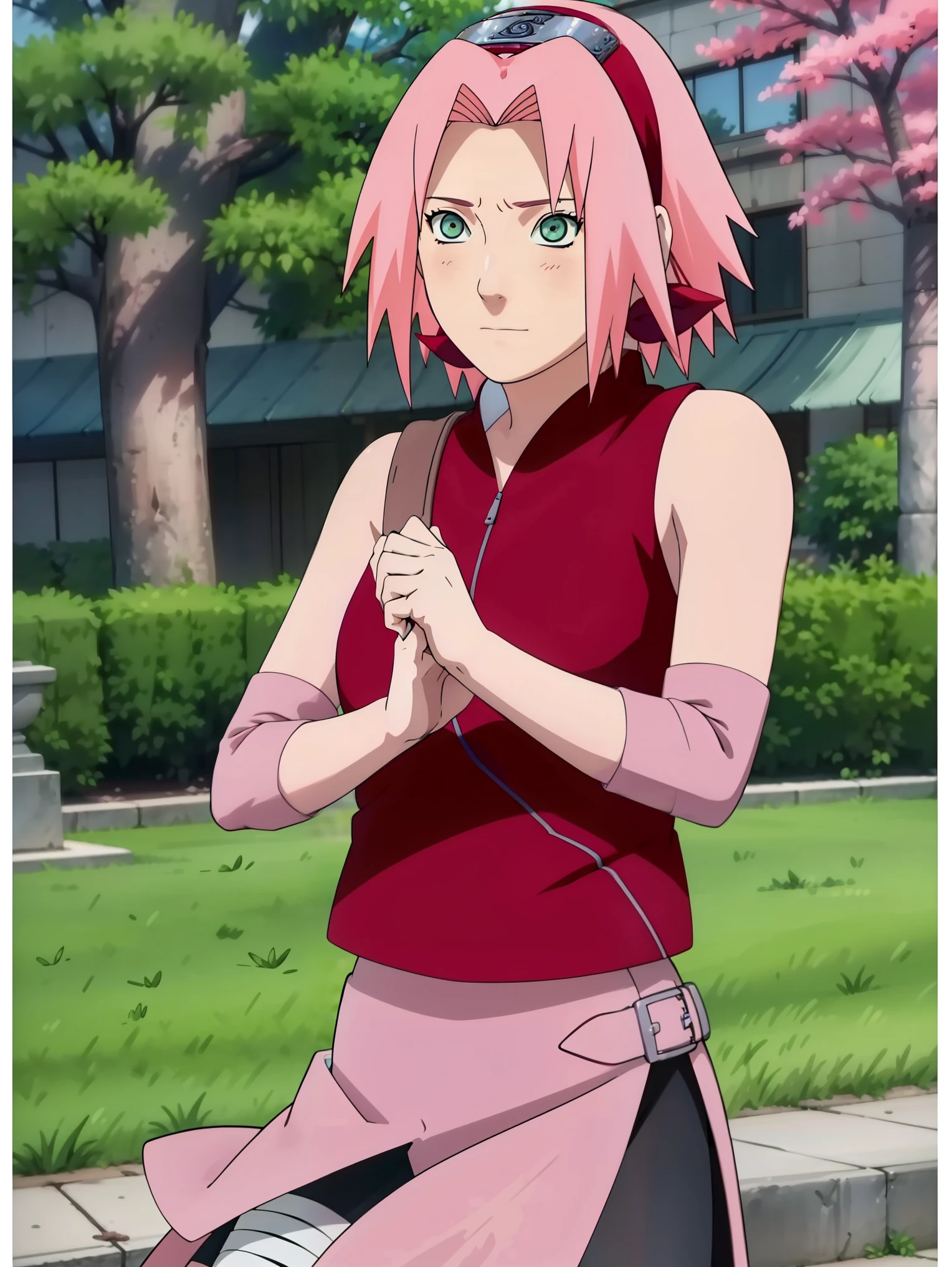 High-quality, ultra-detailed, realistic artwork of a scene from "Sakura Shippuden" with vivid colors, perfect for 4K or 8K resolutions. The scene depicts Sakura Haruno, a young woman, standing gracefully in a garden surrounded by blooming sakura (cherry blossom) trees. She is wearing a red jacket embroidered with the symbol of Konohagakure, the Hidden Leaf Village. Her leg is bandaged, indicating a recent injury. Sakura is wearing a short skirt and toeless footwear, emphasizing her femininity and agility. Sakura has shoulder-length bangs that softly frame her face, revealing her beautiful, green eyes. Her face is adorned with a forehead protector, which bears the Konohagakure symbol, signifying her allegiance to her village. The artwork showcases Sakura's attention to detail, including her long eyelashes, detailed lips, and delicate features, capturing her determination and inner strength. The lighting in the scene is soft and warm, casting a gentle glow on the petals of the sakura blossoms. The vibrant colors of the cherry blossoms contrast against Sakura's black short sleeves and gloves, adding depth to the composition. The overall color scheme leans towards pastel tones, enhancing the serene and tranquil atmosphere of the garden. This masterpiece artwork aims to capture the essence of Sakura Haruno's character, portraying her as a confident, skilled kunoichi amidst the delicate beauty of the sakura garden. The attention to detail, vibrant colors, and realistic rendering will bring this scene to life, evoking the spirit of "Sakura Shippuden" in a visually stunning