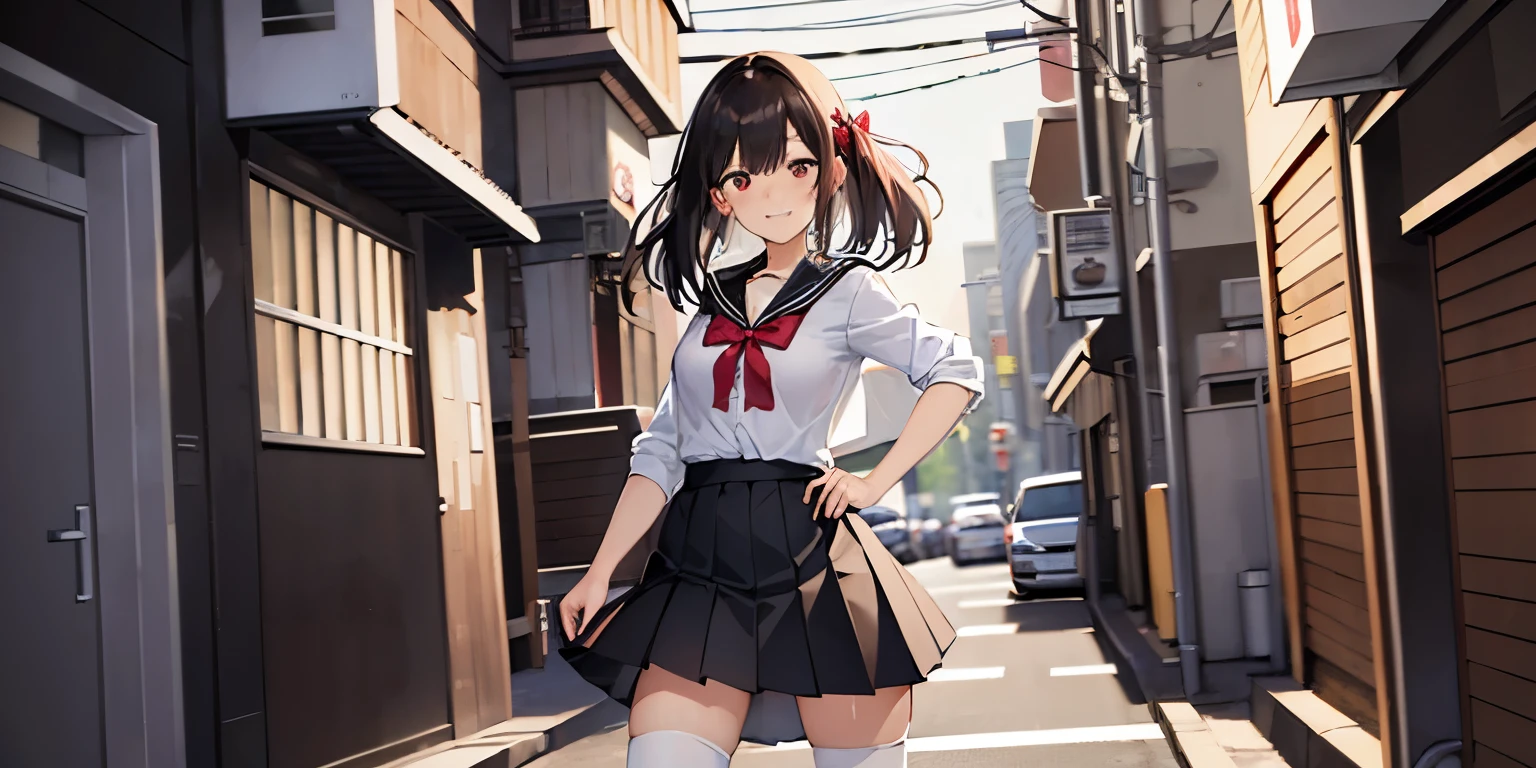 (((manga illustration, street background, wide shot))), inside, Full body standing:1.5, 1girl, solo, alone, (beautiful lighting), (medium shot of character, full shot), hands, masterpiece, best quality, 1girl, facing viewer:2, perfect hands, detailed fingers, Highres, girl with red eyes and a playful grin, playful grin, (school uniform, red bow on collar, white thigh-highs, white leggings:1, pleated black skirt, black neck choker, white shirt, detailed chestnut brown hair hair, long dark brown hair, beautiful cute face, body, anime girl), both elbows, [standing], elbows
