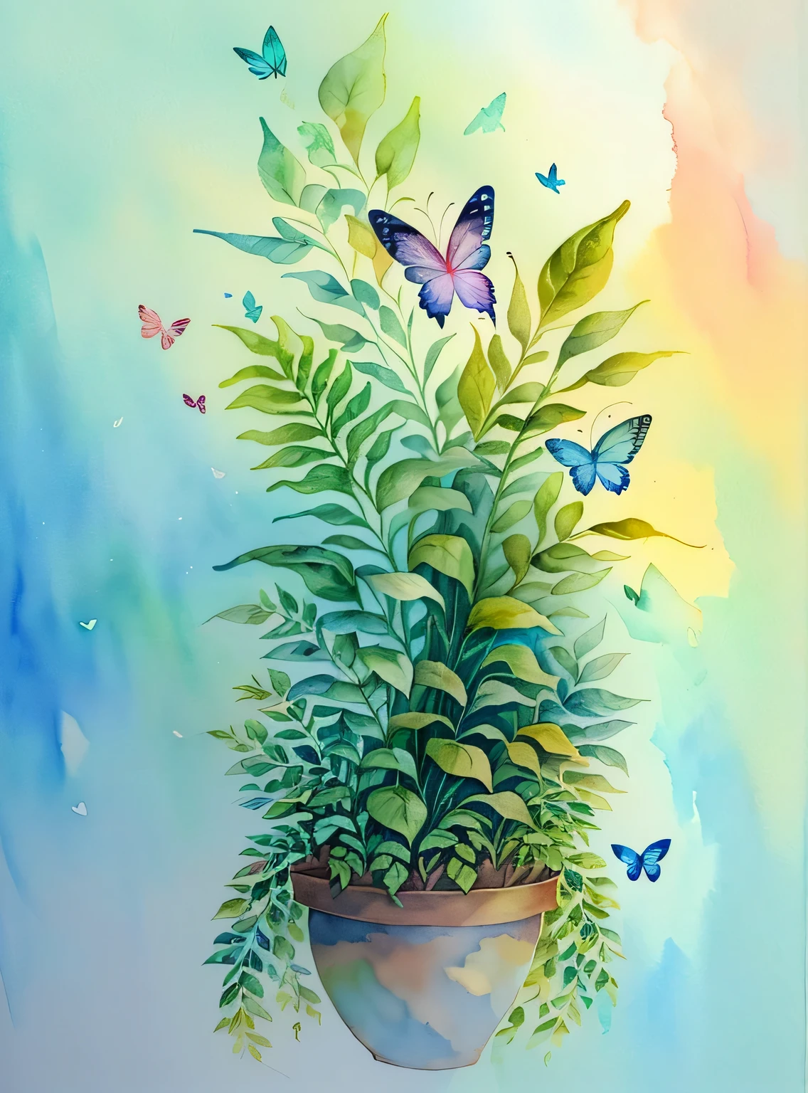 (aquarela，pintura de um，Plants fly around，Harmonia da borboleta，Obra de arte，a beautiful art illustration，beautiful digital illustration，lindo e lindo，linda pintura digital，No estilo dos personagens，No estilo de pintura，borboleta，Arte fresca，exquisite digital illustration，Borboletas e luz solar、pintura em aquarela)