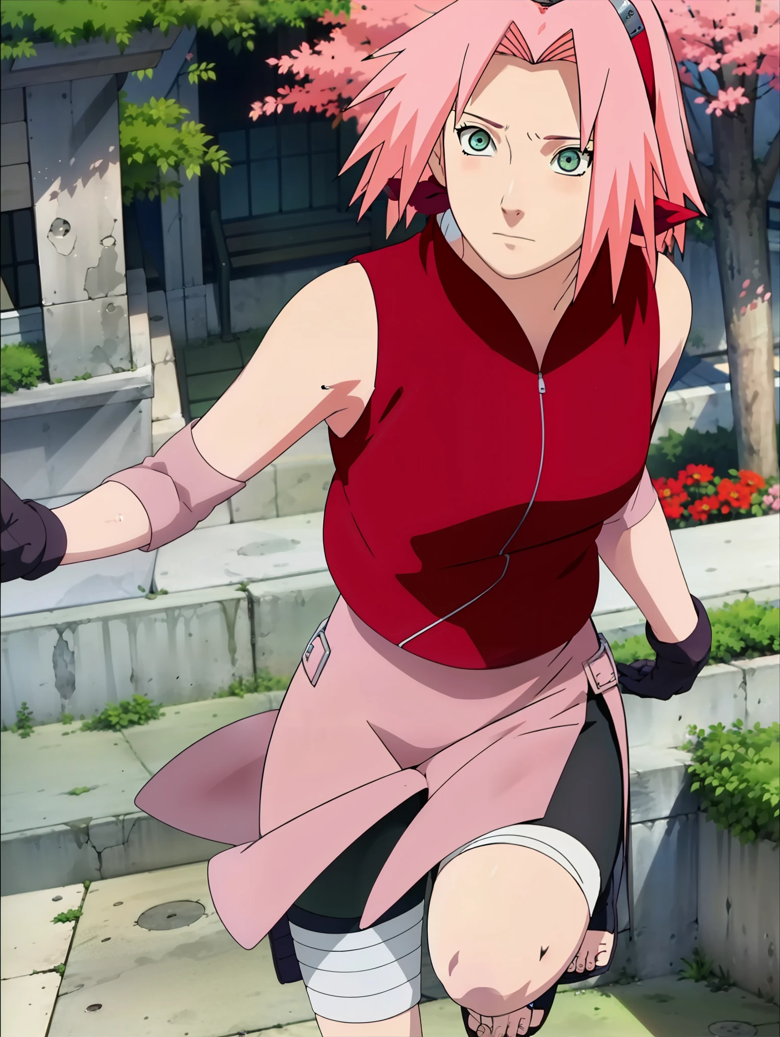 High-quality, ultra-detailed, realistic artwork of a scene from "Sakura Shippuden" with vivid colors, perfect for 4K or 8K resolutions. The scene depicts Sakura Haruno, a young woman, standing gracefully in a garden surrounded by blooming sakura (cherry blossom) trees. She is wearing a red jacket embroidered with the symbol of Konohagakure, the Hidden Leaf Village. Her leg is bandaged, indicating a recent injury. Sakura is wearing a short skirt and toeless footwear, emphasizing her femininity and agility. Sakura has shoulder-length bangs that softly frame her face, revealing her beautiful, green eyes. Her face is adorned with a forehead protector, which bears the Konohagakure symbol, signifying her allegiance to her village. The artwork showcases Sakura's attention to detail, including her long eyelashes, detailed lips, and delicate features, capturing her determination and inner strength. The lighting in the scene is soft and warm, casting a gentle glow on the petals of the sakura blossoms. The vibrant colors of the cherry blossoms contrast against Sakura's black short sleeves and gloves, adding depth to the composition. The overall color scheme leans towards pastel tones, enhancing the serene and tranquil atmosphere of the garden. This masterpiece artwork aims to capture the essence of Sakura Haruno's character, portraying her as a confident, skilled kunoichi amidst the delicate beauty of the sakura garden. The attention to detail, vibrant colors, and realistic rendering will bring this scene to life, evoking the spirit of "Sakura Shippuden" in a visually stunning