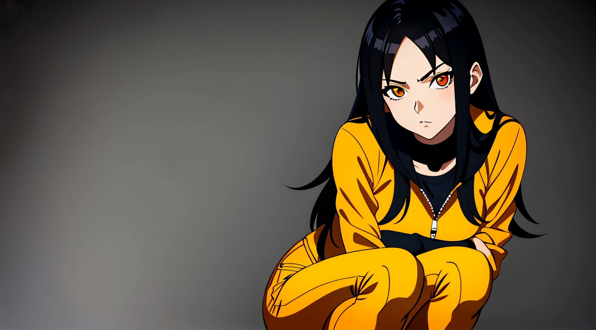 ,(masterpiece,Highest Quality, girl standing, olhando para espectador, uma mulher de jaqueta laranja e short jeans, seductive anime, estilo de anime ecchi, beautiful anime squatting, Oppai, garota com jaqueta laranja, garota sensual, poucos detalhes, garota cabelo preto, black hair, garota jovem, rosto sensual, simple anime strokes, simplified strokes, girl standing, corpo perfeito,