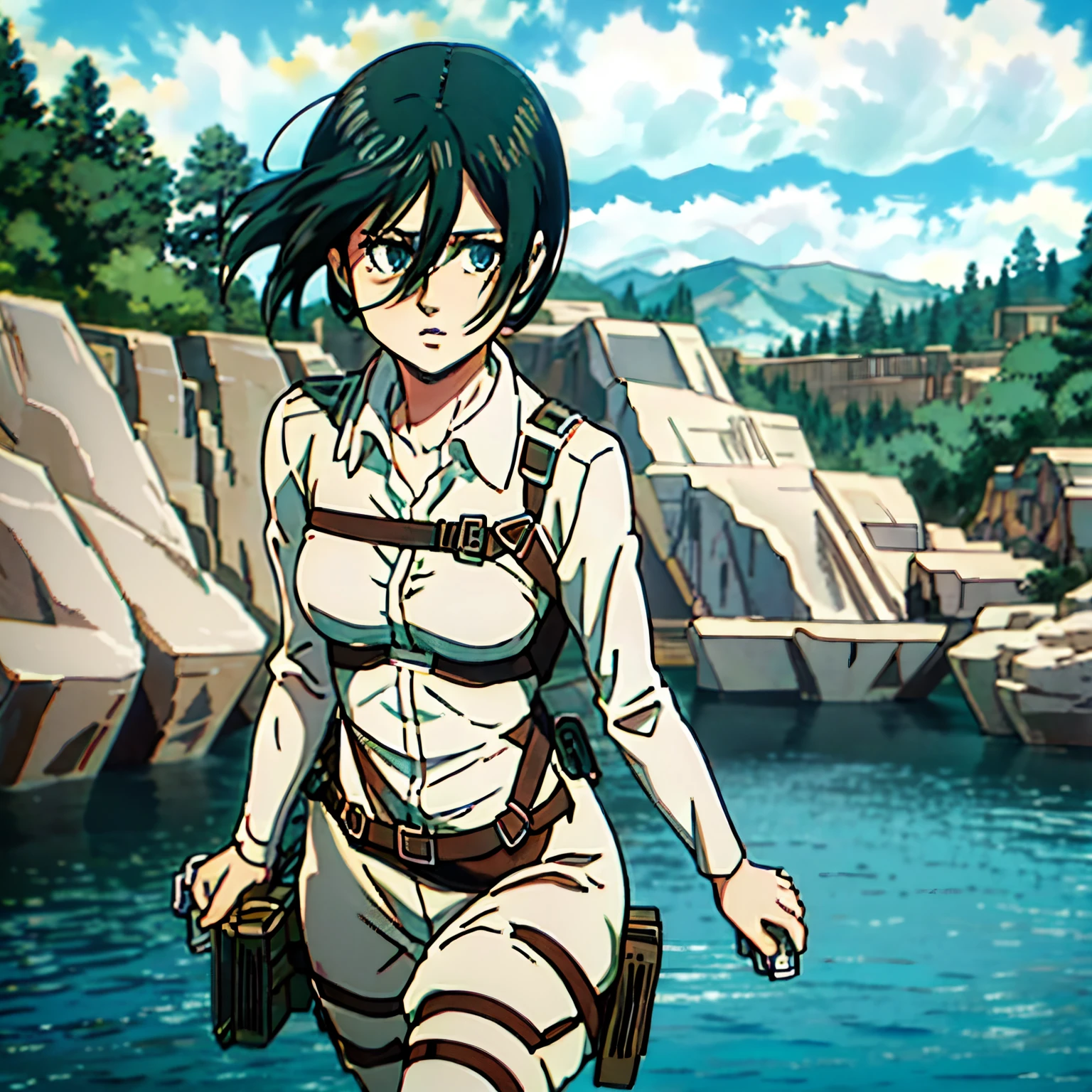 Hermosa chica mikasa ackerman, usando biquini blanco, lago cristalino, hermoso paisaje de fondo