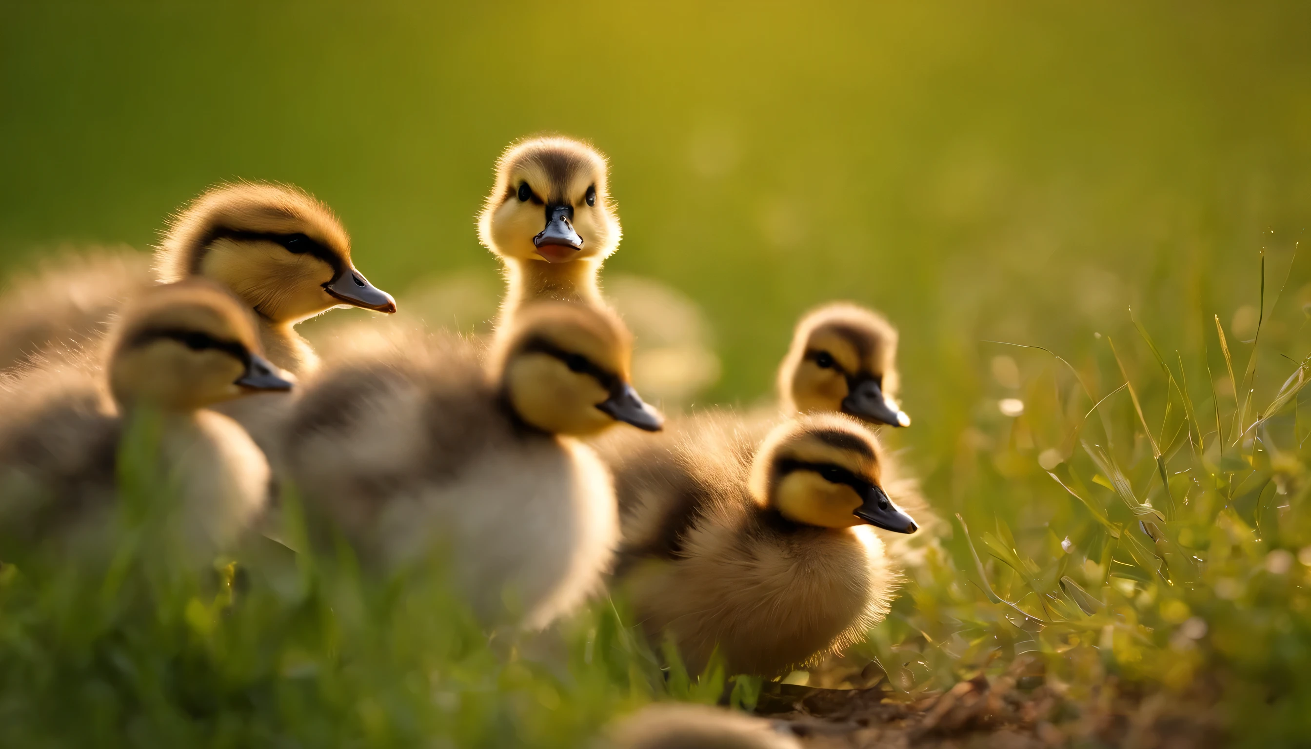 Hatching Ducklings: Imagine a heartwarming scene where a cluster of adorable ducklings emerges from their eggs, their fluffy bodies basking in the sunlight. The protective mother looks on as they tentatively explore their surroundings.