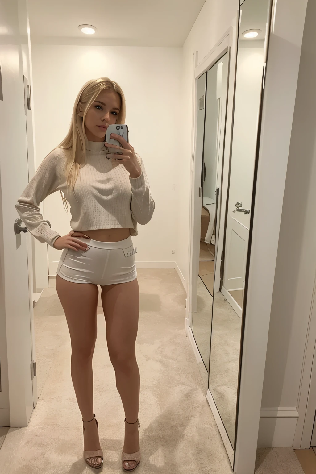 there is a woman with blonde hair posing for a picture, there is a woman taking a selfie in a mirror, 8k selfie photograph, taken in the early 2020s, fit pic, outfit photo, mirror selfie, 2 4 year old female model, standing in corner of room, full body shot!!, full body picture, low quality photo,