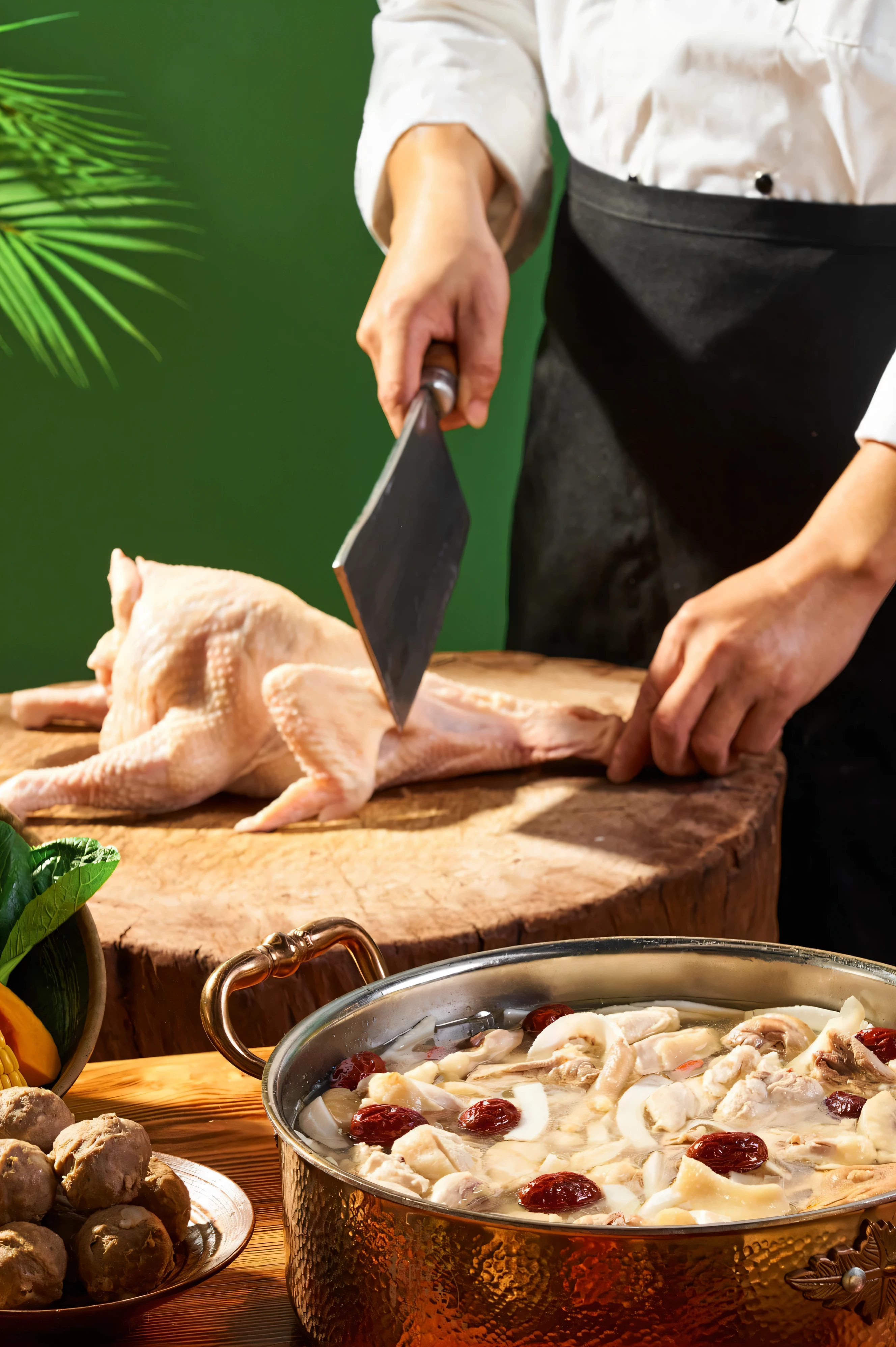 Someone is cutting meat on a cutting board with a knife, simple, Warm and joyful atmosphere, holiday, detailed picture, Prepare to eat, head table, food styling, Delicious food烹饪, Picture center, bottom corner, Delicious food, chicken, sunday, wide angle panorama, Place your hands on the counter, closeup of a butcher working, exclusive, high quality photos