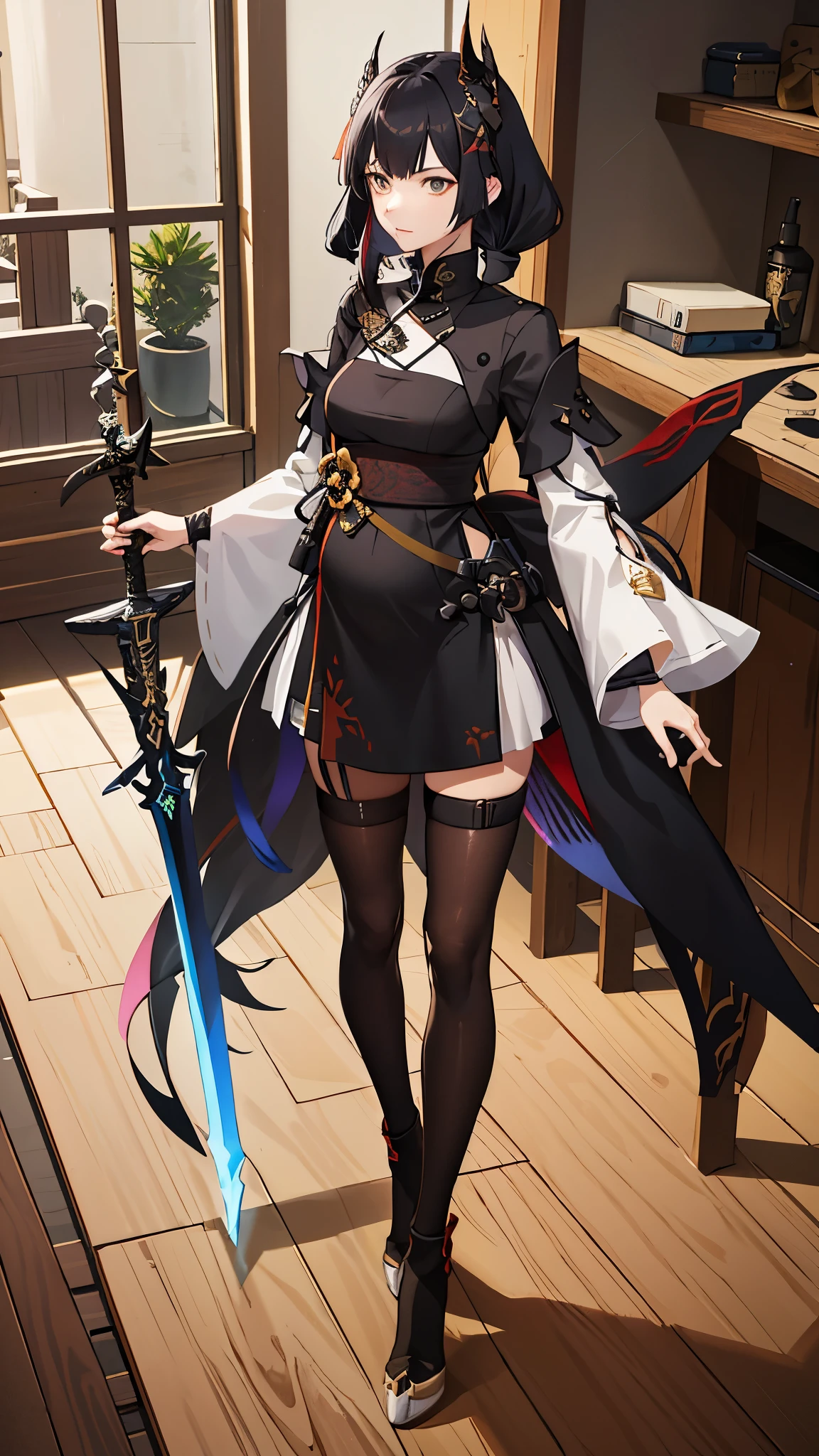 a woman in a dress holding a dagger and a dagger, video game character, from arknights, fox nobushi holding a dagger, hajime yatate, keqing from genshin impact, black haired deity, with small sword, ayaka genshin impact, female action anime girl, official character art, anime character, pregnant anime girl, fetus