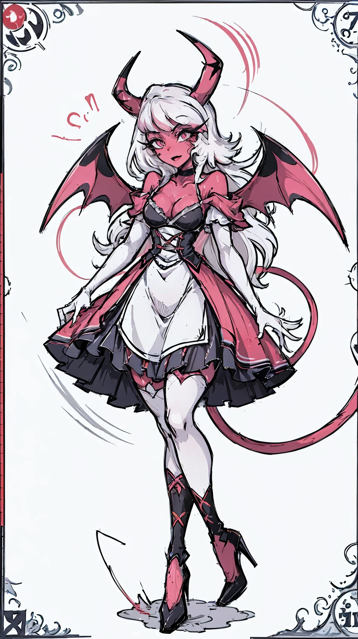 Fantasy realism style,Veronica,(solo:2),(a girl),devil girl,Has a pair of goat horns and hooves,Skin is dark red,(Wearing a maid style dress),visual lens,Calm eyes,(Show the hoof part:0.8),(Possess red hair、corner ornaments,Repeatedly emphasize the presence of angles:0.8),devil horns,Put one hand behind your head,Place one hand on your leg,(Feet on smooth floor),Overall anime style,Focus on symmetry,Visual horizon shooting,Requires works to reach ultra-high definition(UHD)standard,Precise human anatomy,(Hands conform to human anatomy),blank background,Linearization,Ensure high quality output,Suitable for 4K resolution and 1080P resolution display。