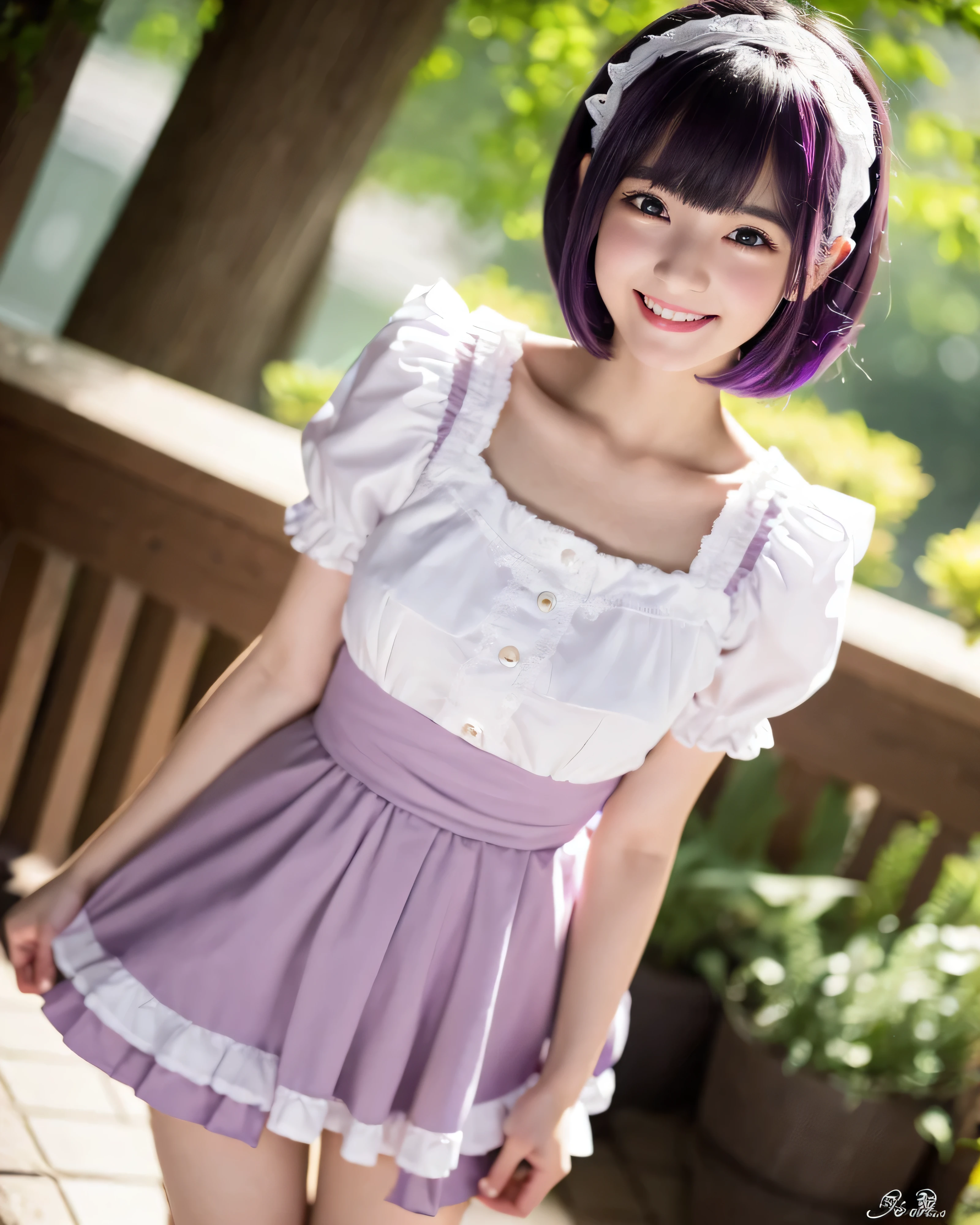 （whole body:1.5) 、beautiful japanese girl、big magic eyes、detailed purple eyes、pale pink lips、thin eyebrows、modern cafe、18 year old beautiful girl、Slender、smooth soft skin、bob cut、fine dark purple hair、asymmetrical bangs、Bright interior、Maid clothes、Beautiful thighs in high resolution、knee socks、happy smile、professional lighting、professional photographer