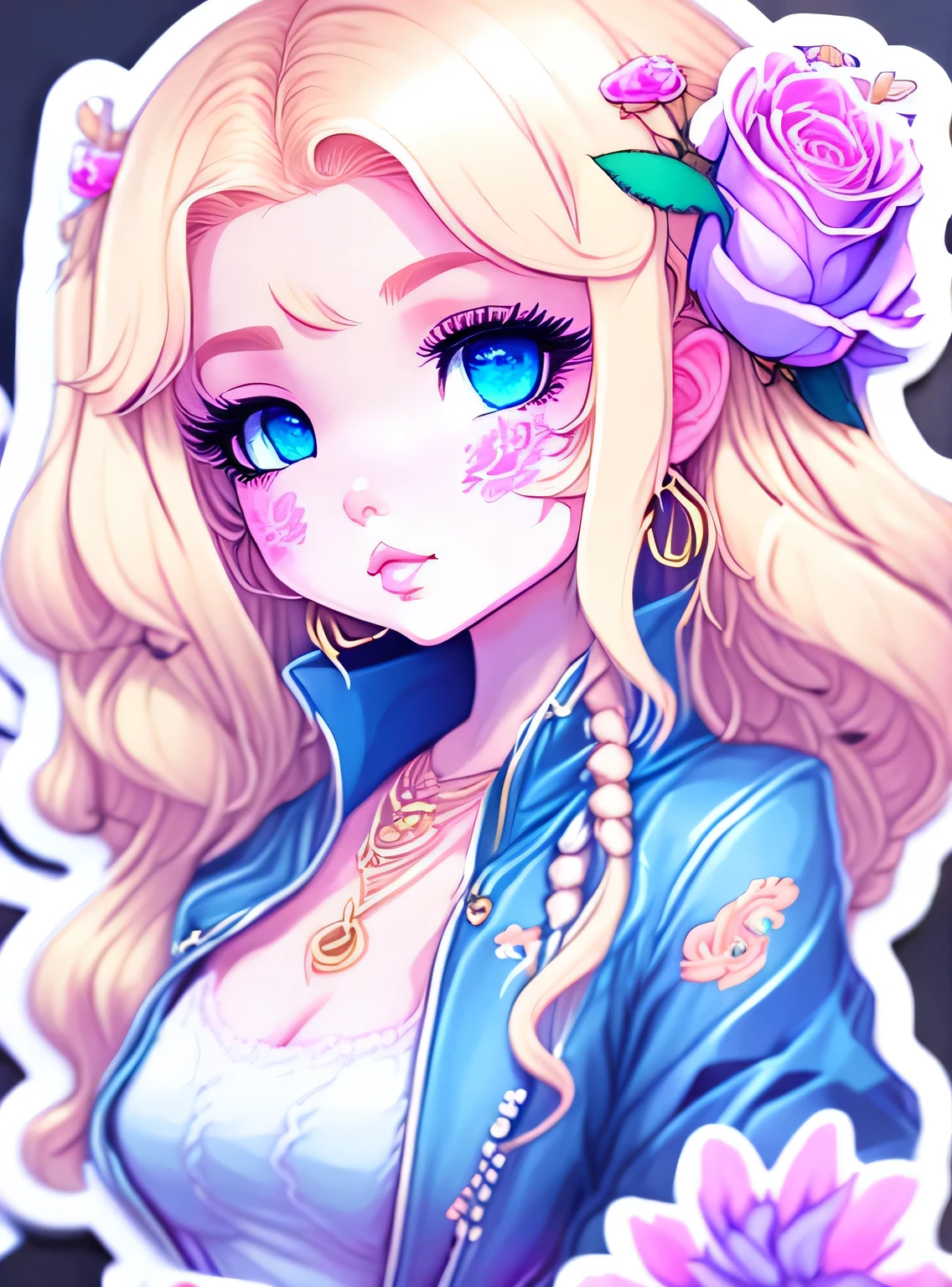 adesivos de anime Chibi Barbie , cabelo loiro longo, estilo vaporwave, rosas no cabelo, dark black eyelashes, olhos azuis, joias neon,digital illustration, comiс style, Anatomia perfeita, centrado, approaching perfection, dynamic, altamente detalhado, Pintura aquarela, Art Station, arte conceitual, suave, sharp focus, illustration, Arte por WLOP e Ross Tran ,