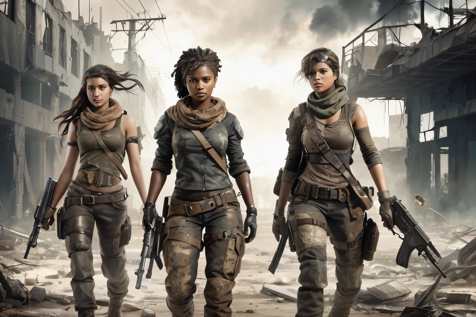 three women in army uniforms walking through a destroyed city, post - apocalyptic warriors, post - apocalyptic style, postapocalyptic style, post apocalyptic, postapocalyptic vibes, postapocalyptic, post - apocalyptic, post-apocalyptic, post apocalyptic attire, post - apocalyptic vibe, in a post-apocalyptic wasteland, apocalyptic style, in a post apocalyptic setting