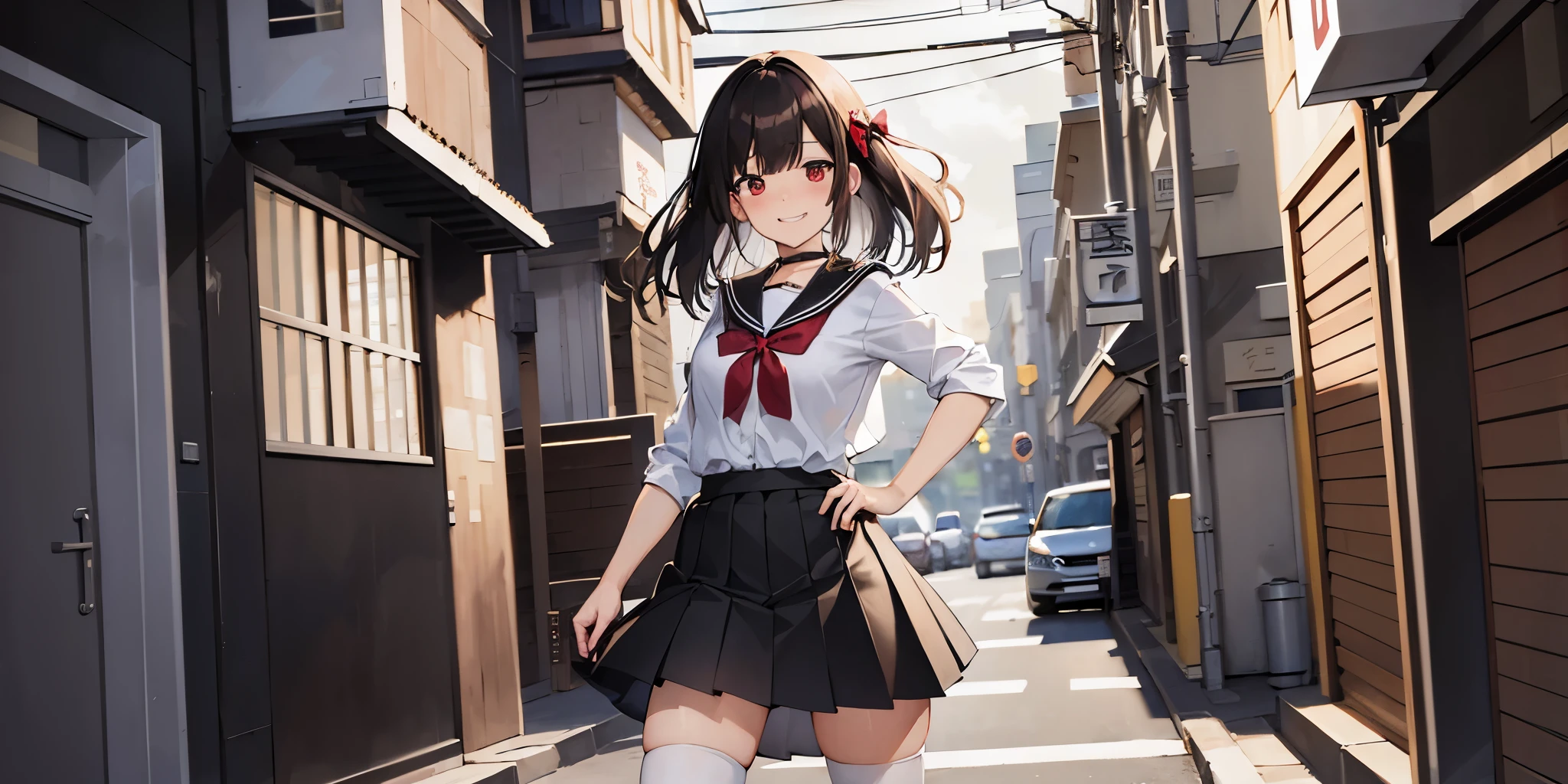 (((manga illustration, street background, wide shot))), inside, Full body standing:1.5, 1girl, solo, alone, (beautiful lighting), (medium shot of character, full shot), hands, masterpiece, best quality, 1girl, facing viewer:2, perfect hands, detailed fingers, Highres, girl with red eyes and a playful grin, playful grin, (school uniform, red bow on collar, white thigh-highs, white leggings:1, pleated black skirt, black neck choker, white shirt, detailed chestnut brown hair hair, long dark brown hair, beautiful cute face, body, anime girl), both elbows, [standing], elbows
